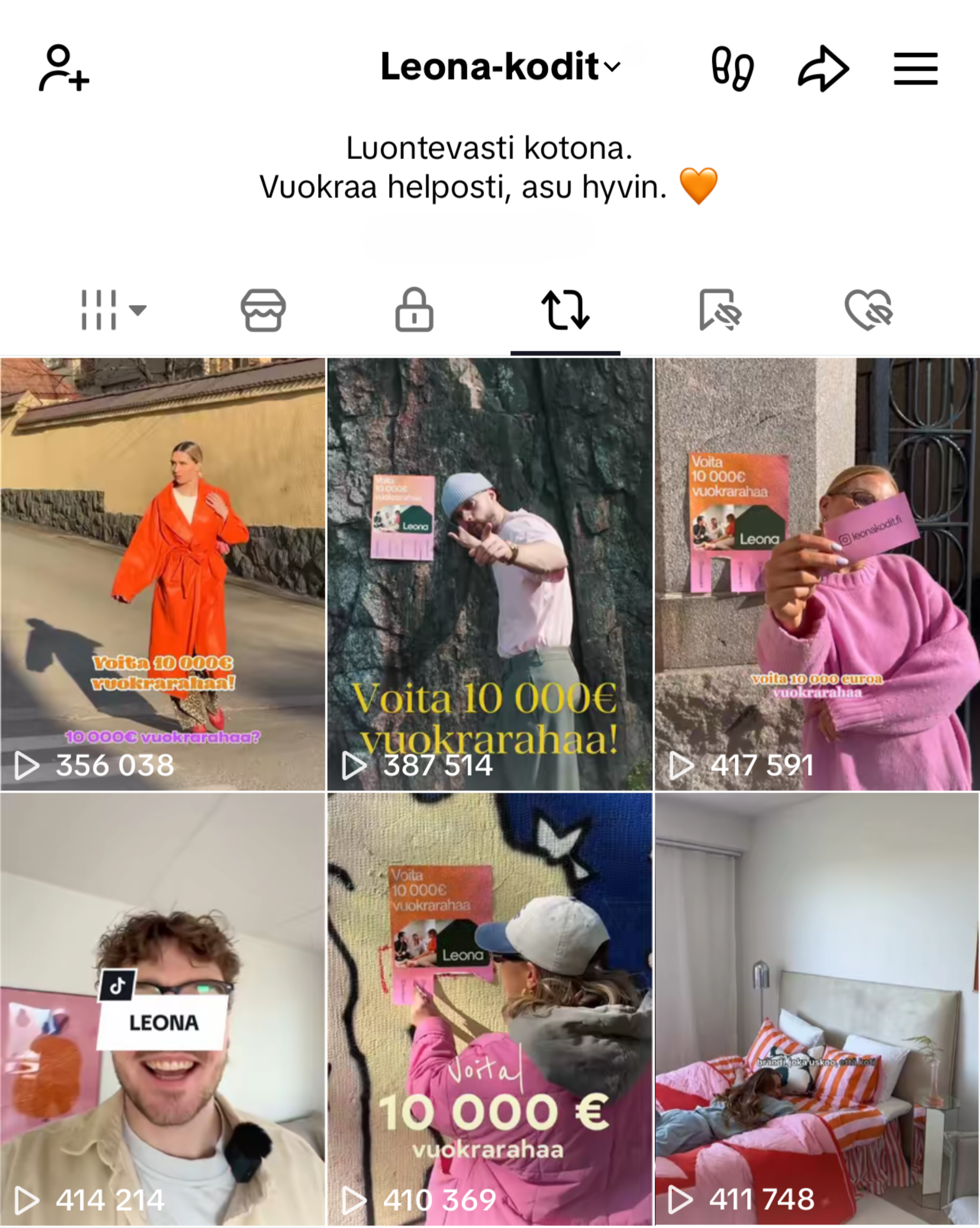 Leona-kodit TikTok-tilin jakamat vaikuttajien tekemät somepostaukset. Postauksissa tekstit kuten 'Voita 10 000 € vuokrarahaa'.