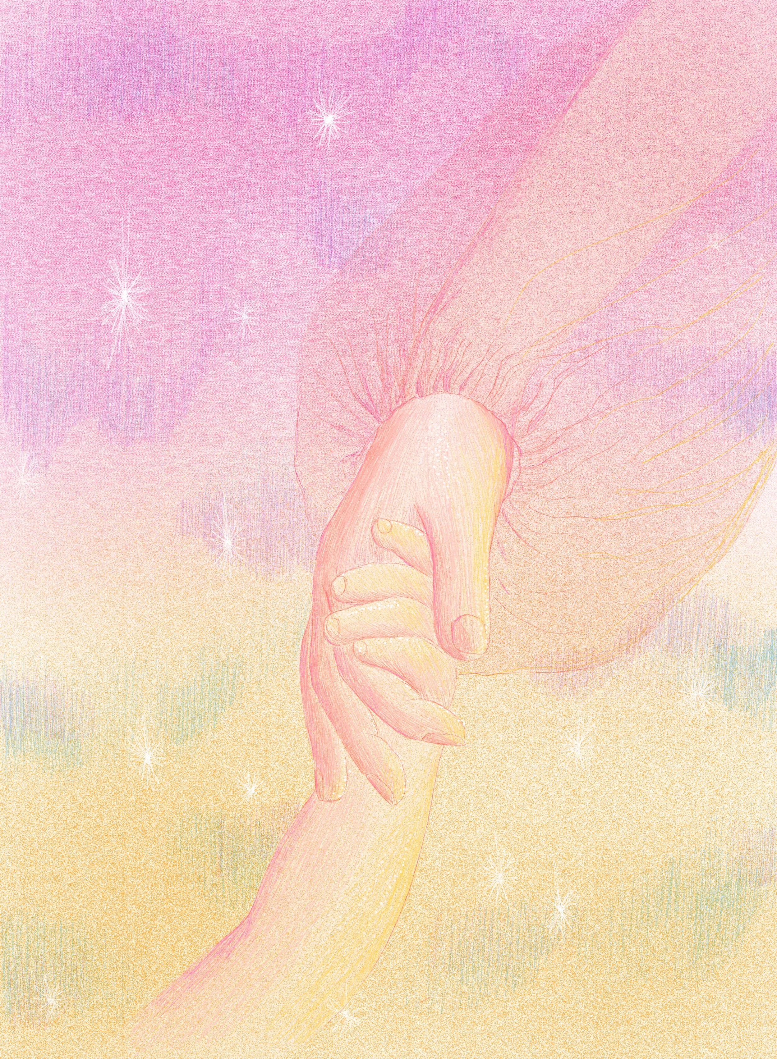 A pastel-colored illustration of a large hand holding a smaller hand, set against a dreamy background with pink, yellow, and purple hues and star-like sparkles.