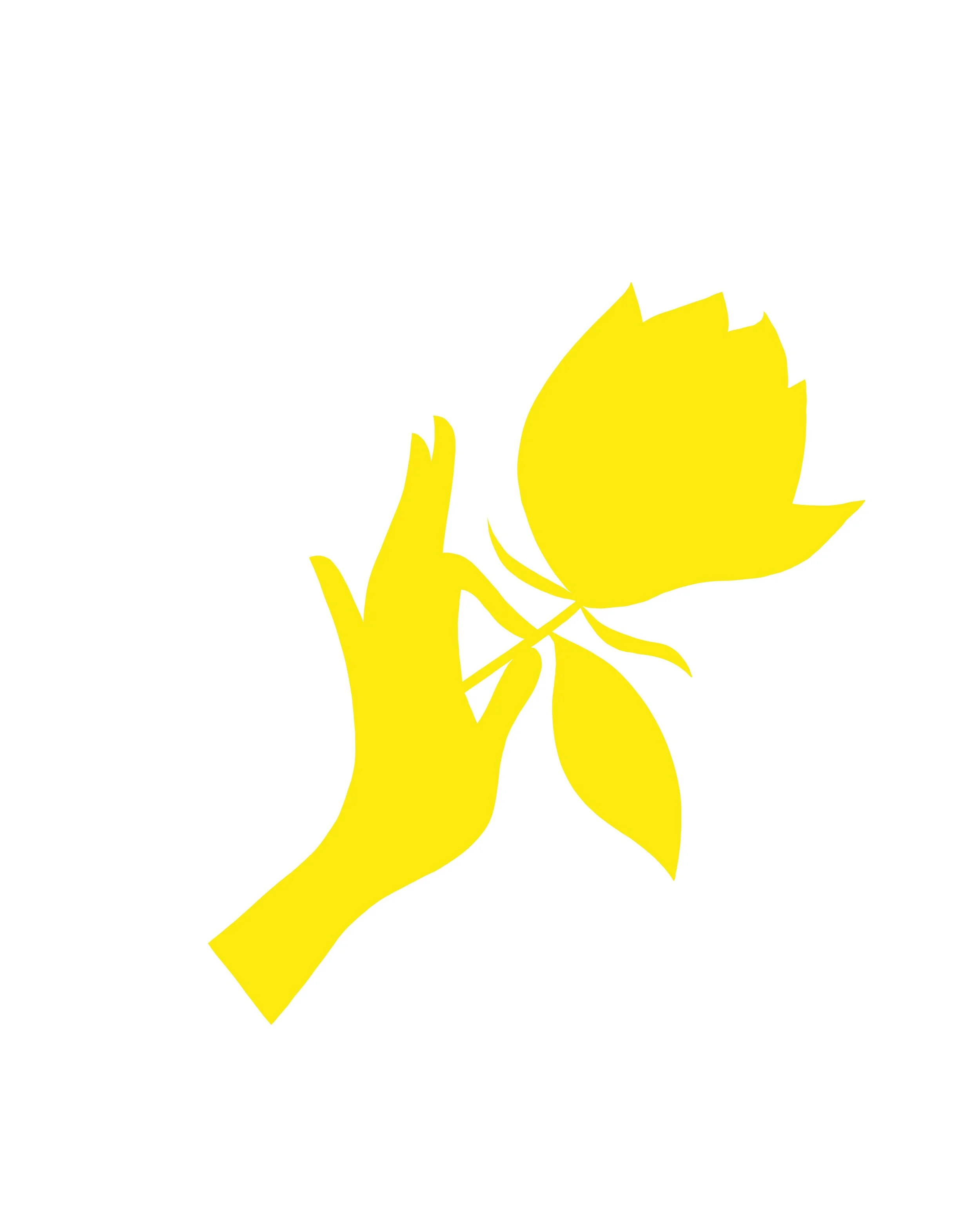 Yellow silhouette of a hand holding a leaf or flower against a white background.