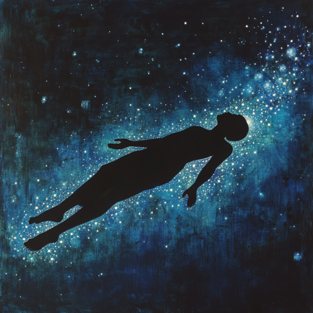 Silhouette of a person floating in space with a starry background.