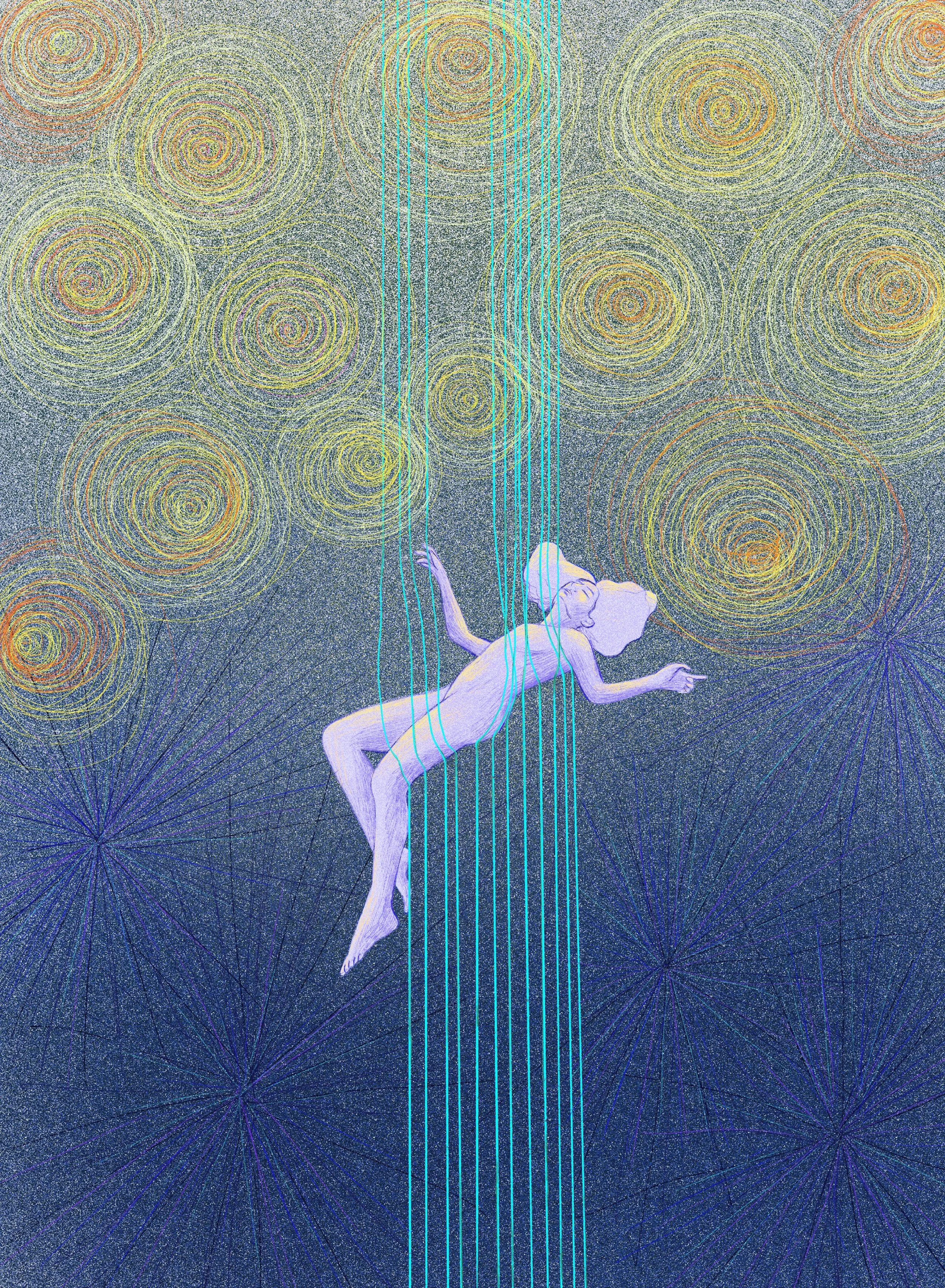 A surreal artwork depicting a female figure floating or falling amidst abstract circular patterns and lines, with a starry background.