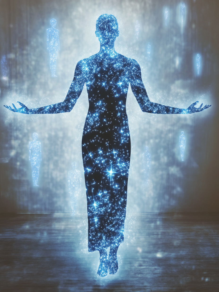 Silhouette of a person made of glowing blue stars, surrounded by floating starry human figures on a dark background.
