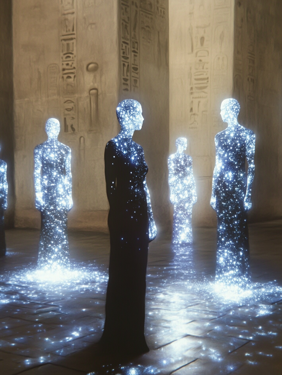 Glowing humanoid figures with starry textures stand in a dimly lit room with walls featuring ancient hieroglyphics. Energy of people and beauty