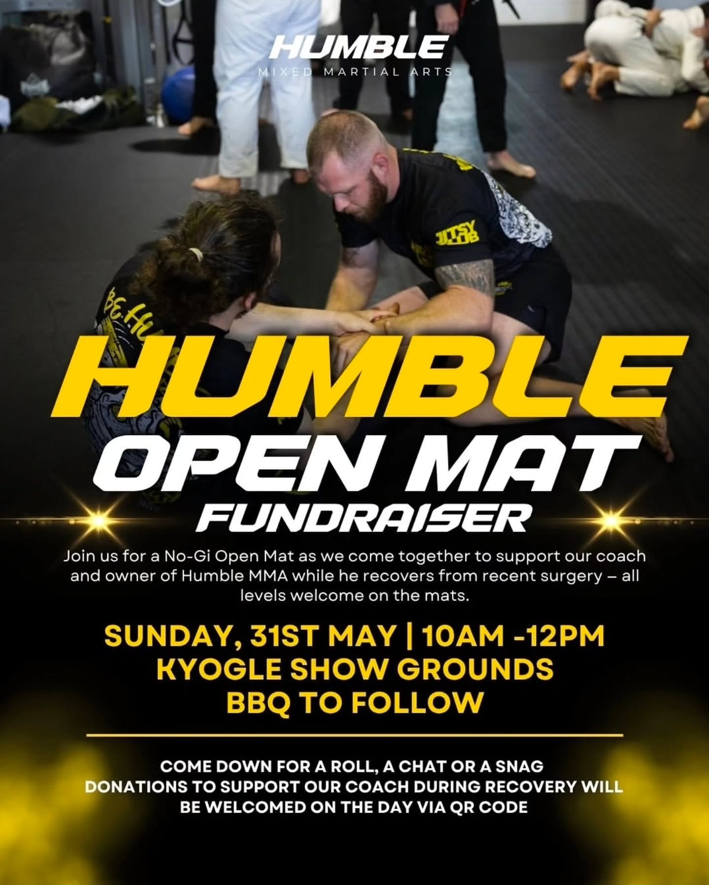 🥋 The day is finally upon us! We are very excited to host our first big open mat for the BJJ community out at Humble MMA. All skill levels are welcome! 

If you're not planning on jumping on the mats for a roll, come down for a snag and a chat.

⚠️ 