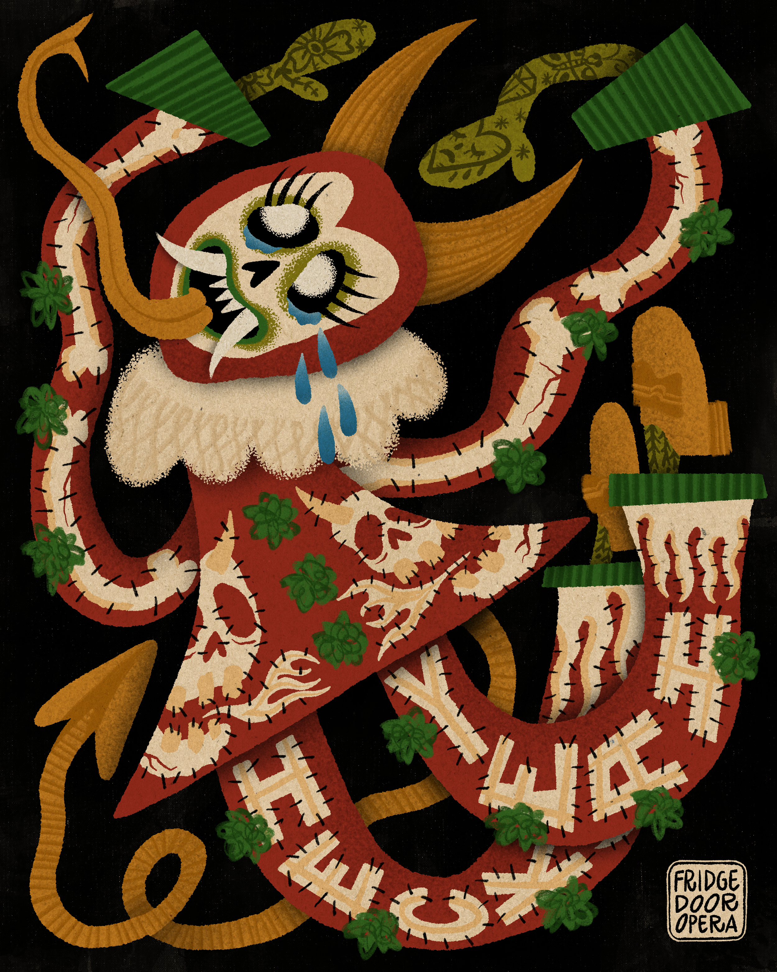 Une illustration de style mexicain représentant une créature monstrueuse avec un visage de squelette et des éléments végétaux, entourée de mots en forme de serpent. Le texte inclut "Fridge Door Opera" dans le coin inférieur droit.