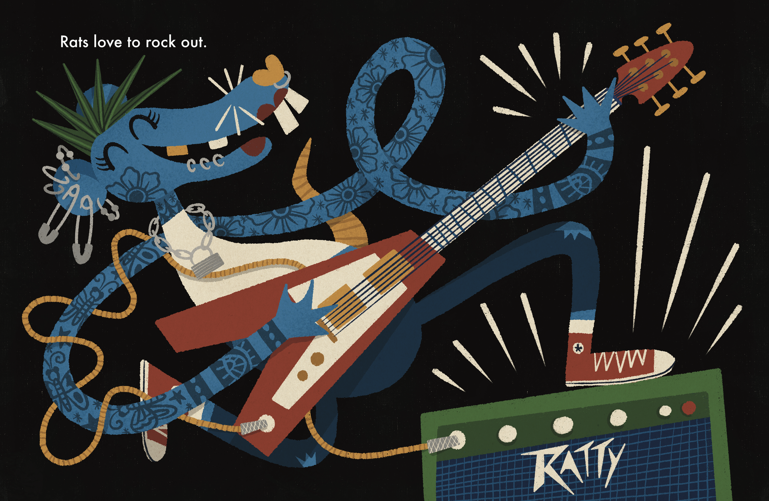 Un rat bleu jouant de la guitare électrique avec un panneau à côté marqué 'RATTY'.