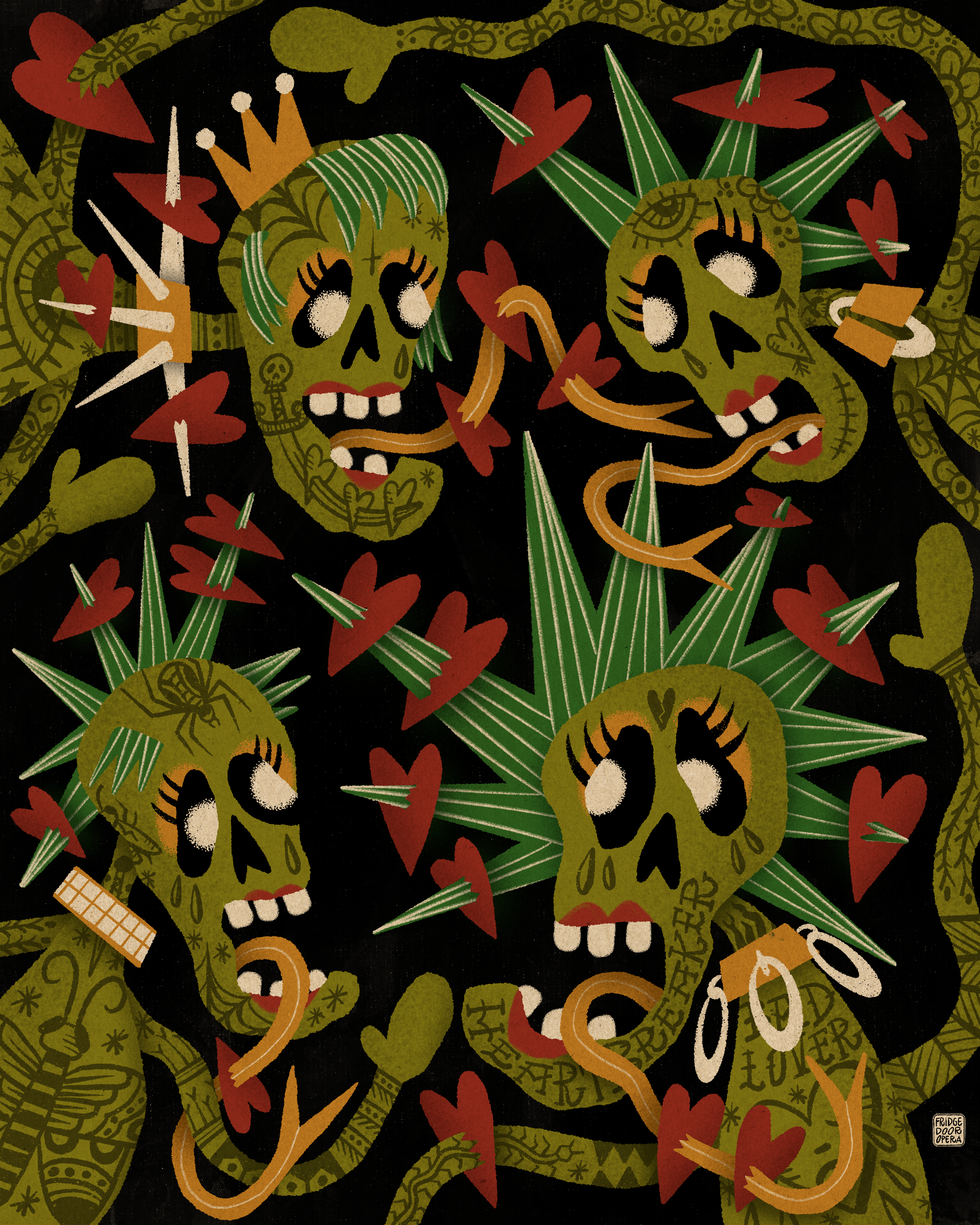 Illustration de quatre crânes de style squelettique décorés de tattoos avec des détails floraux et symboliques, entourés de roses rouges, de serpent et de motifs de plantes vertes avec un fond noir.