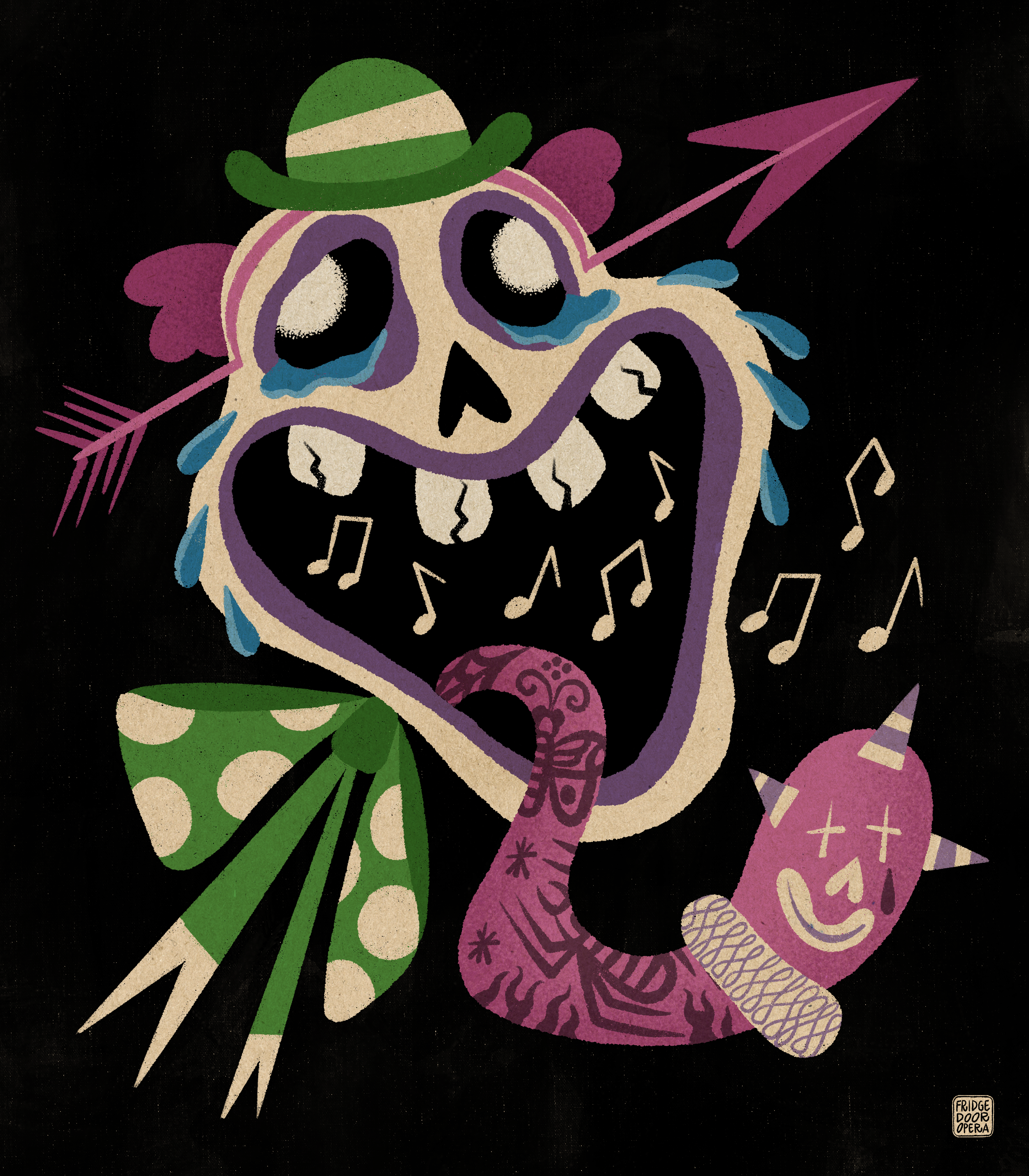 Une illustration d'un crâne de style cartoon avec un chapeau vert, des ailes violettes, un cœur noir avec des notes de musique, un serpent rose, et un petit monstre avec une corne. Le fond est noir.