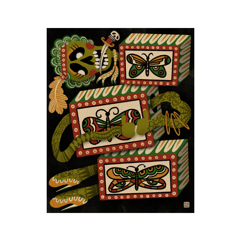 Trois boîtes colorées avec des illustrations de papillons et d'insectes, entourées de chenilles et d'une tête stylisée.