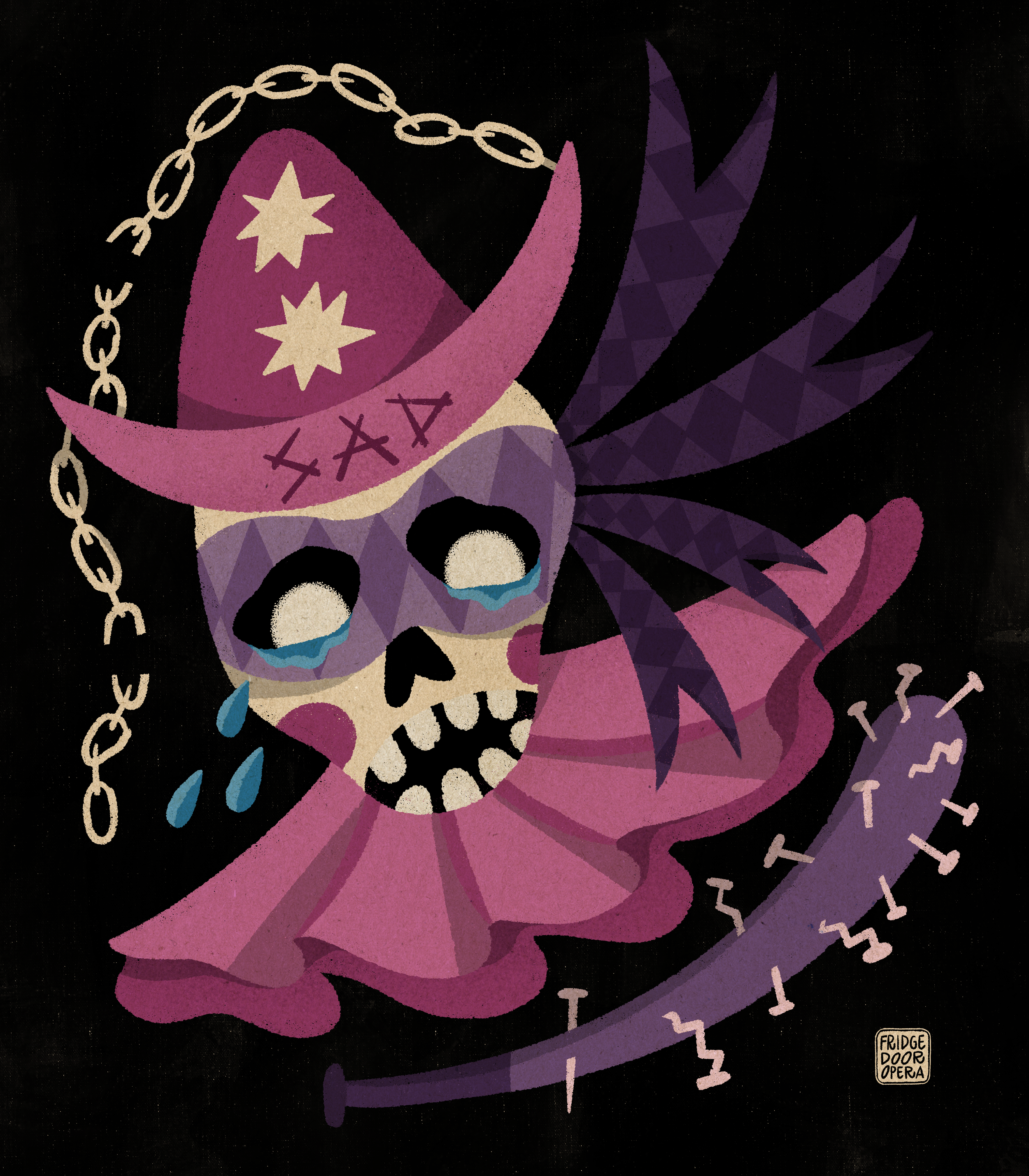 Une illustration d'un squelette avec un chapeau de sorcier, des larmes sous les yeux, entouré d'objets liés à la musique et à la sorcellerie, dans un style coloré et abstrait.