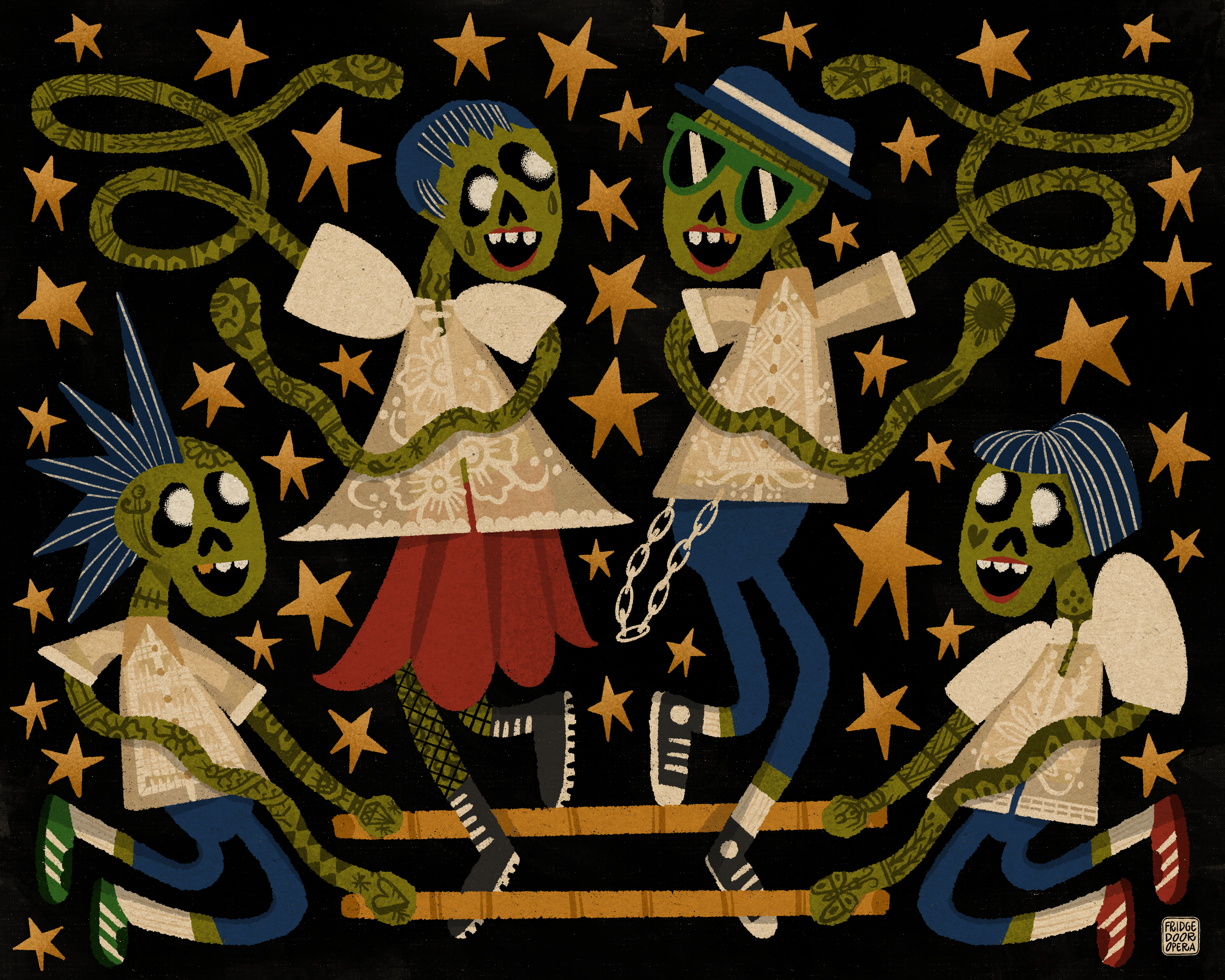 Une illustration de squelettes dansant sur scène, entourés d'étoiles dorées, dans un style cartoon. Ces squelettes portent des vêtements colorés, certains avec des chapeaux ou des lunettes, et s'amusent en sautant et en se tenant par la main.