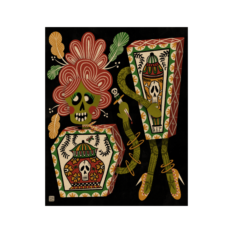 Une illustration colorée représentant deux cercueils avec des motifs de crânes et de fleurs, un squelette avec des cheveux roses et des feuilles, dans un style artistique inspiré du Día de los Muertos.