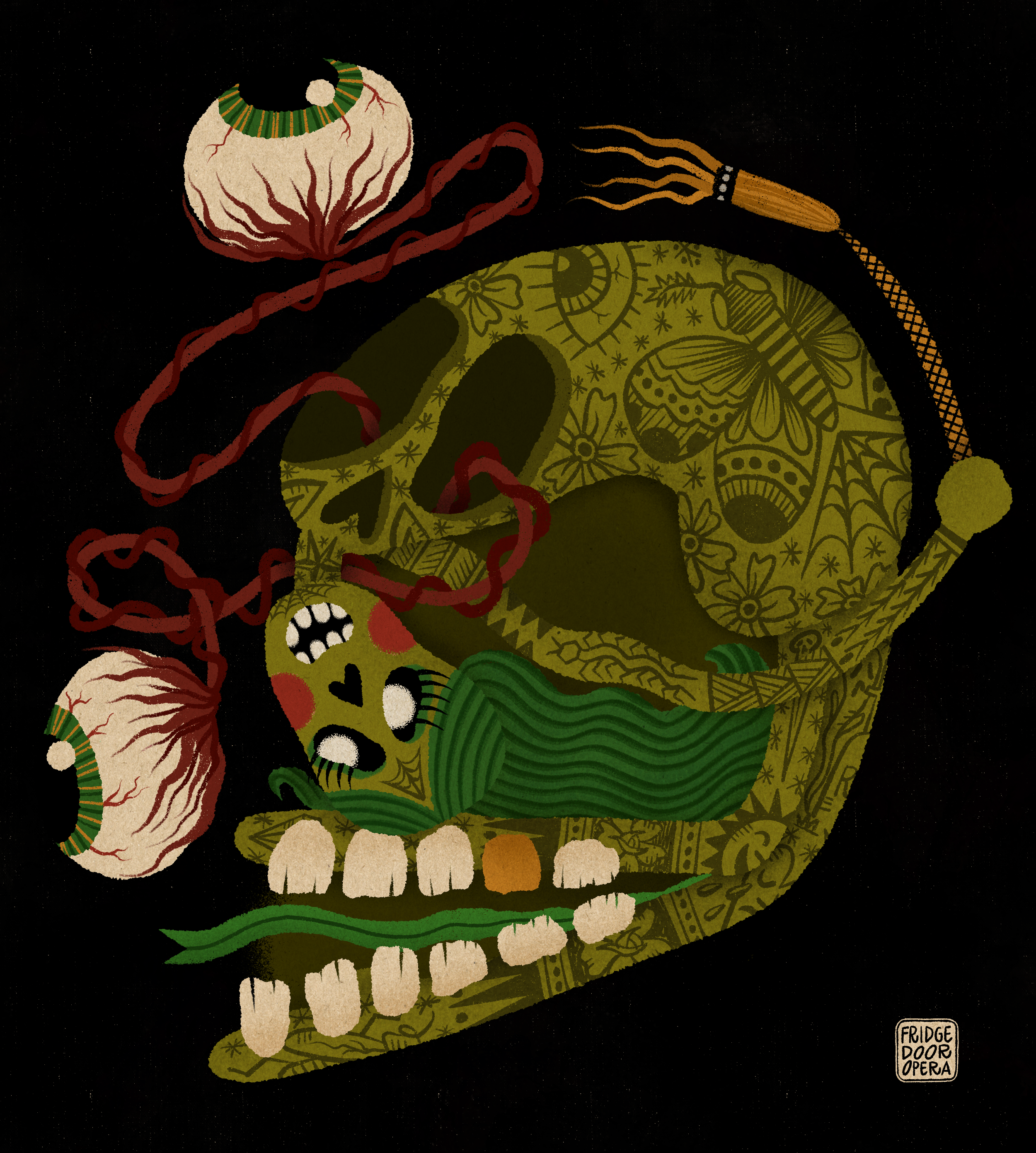 Une illustration artistique d'un crâne décoré de motifs floraux et d'ornements, portant un bonnet de Noël. Il y a deux pommes de pin de Noël suspendues, et un morceau de chou-fleur en haut. La scène possède un fond noir.