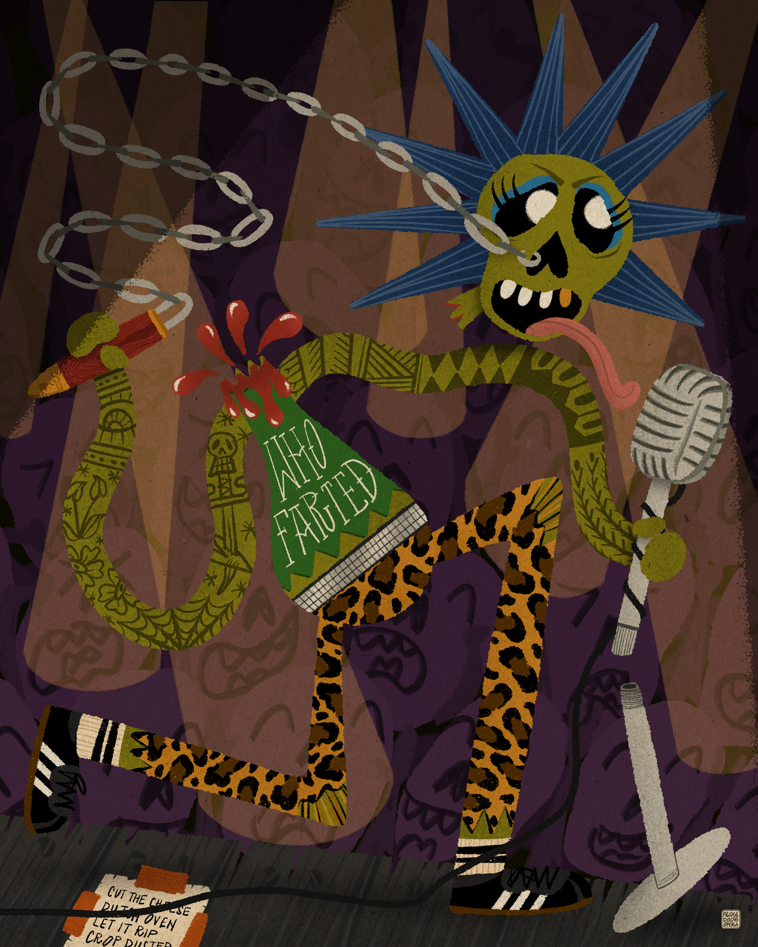 Un personnage fantaisiste avec une tête en forme de montre à spines bleues, une langue pendante, tenant un micro, une bouteille d'alcool. Vêtements à motifs léopard, un casque de microphone, se trouvant sur une scène avec des cadenas en arrière-plan.