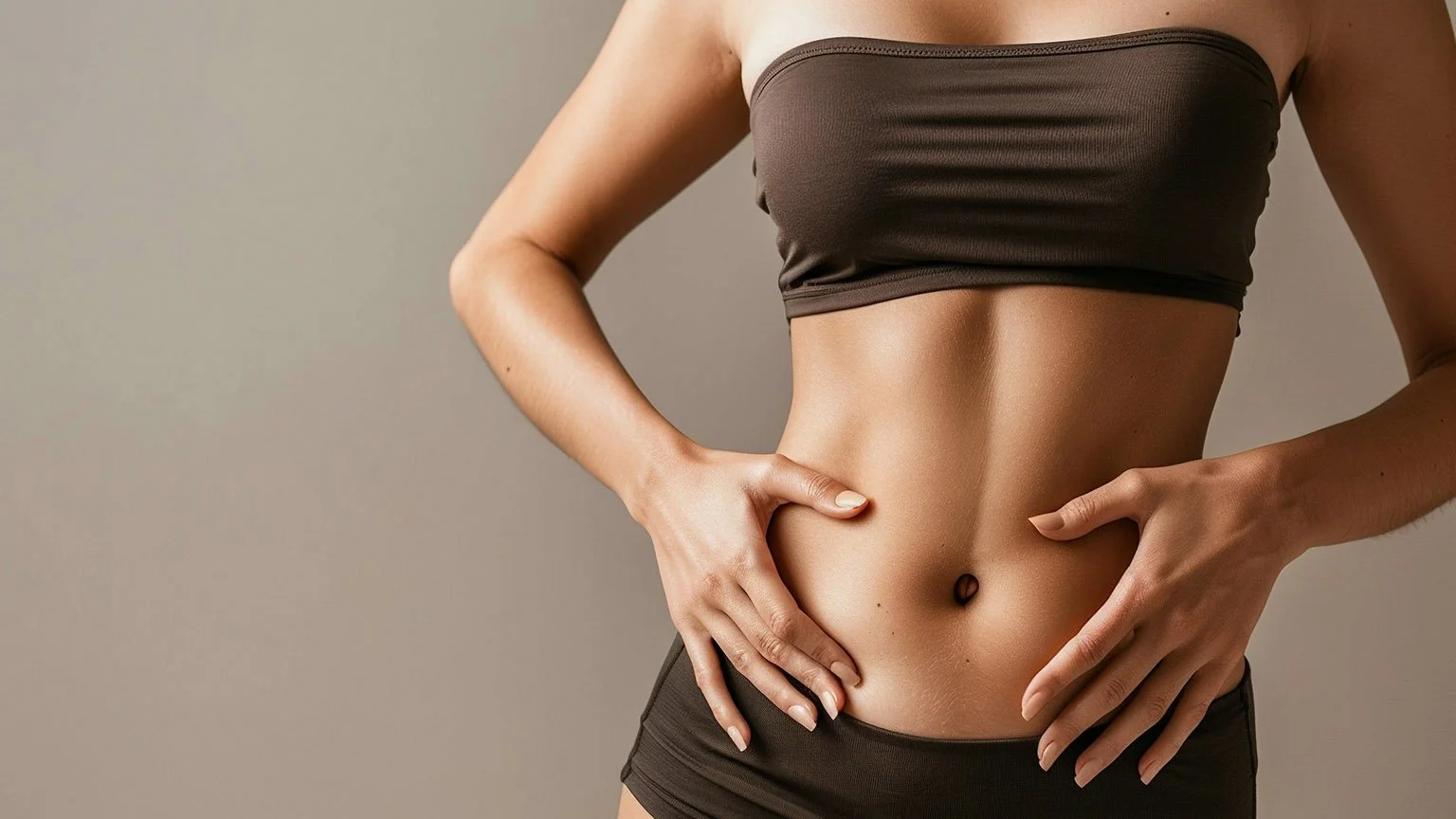 Woman holding her lower abdomen, showing a flat, toned stomach to illustrate tummy tuck surgery and abdominal contouring.