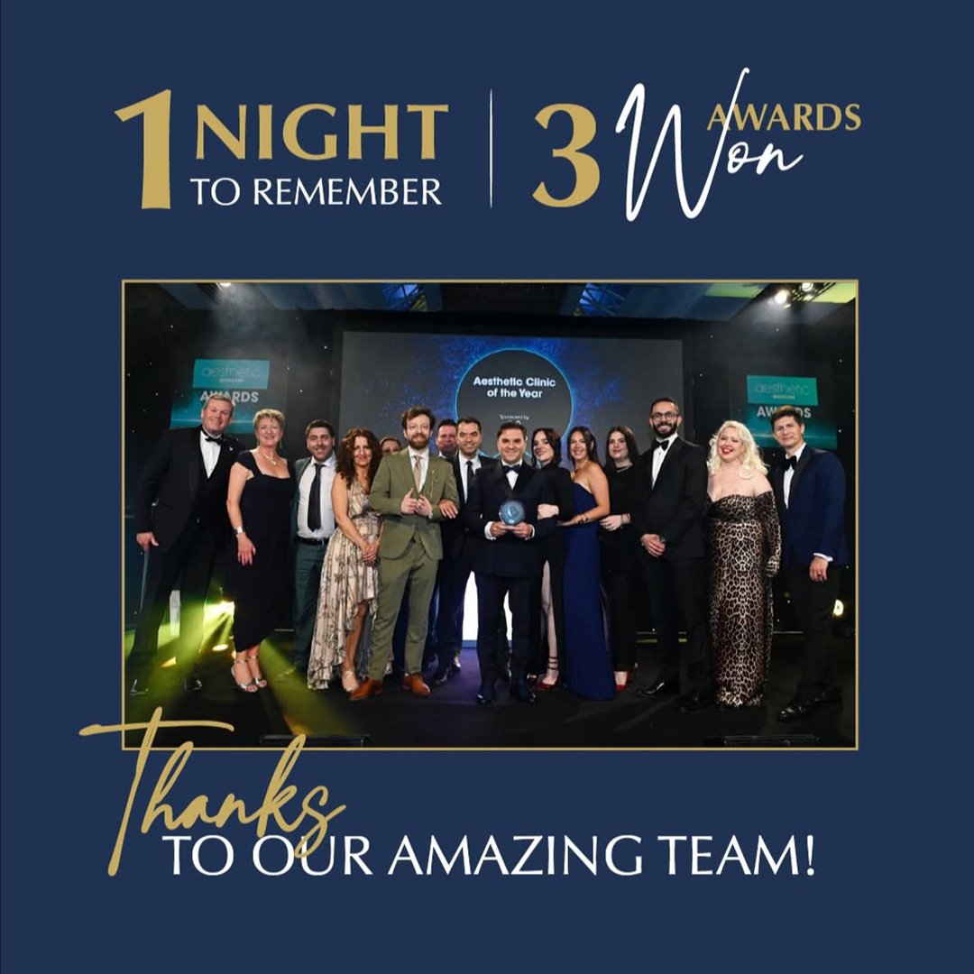 The Ghanem Clinic team celebrating their triple win at the Aesthetic Medicine Awards