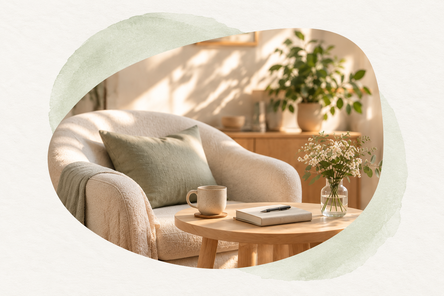 A comfortable armchair beside a small table in a calm, sunlit room