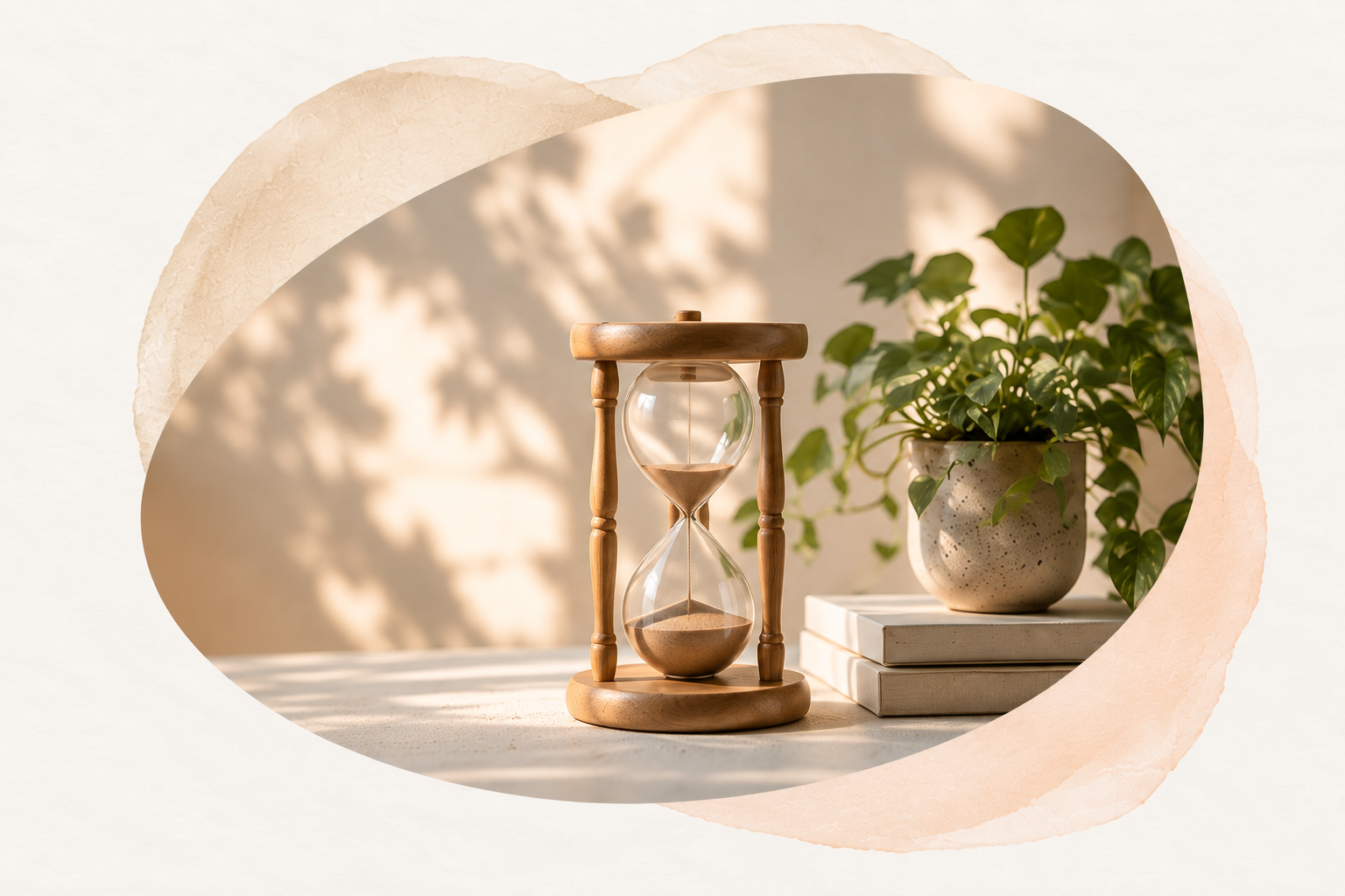 An hourglass on a sunlit table beside books and a plant