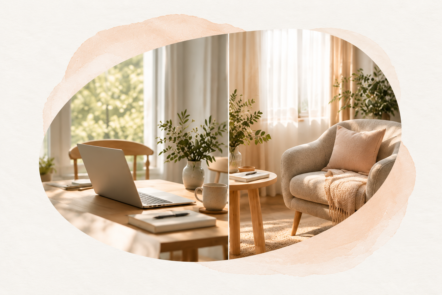 A laptop and an armchair in a bright, welcoming room