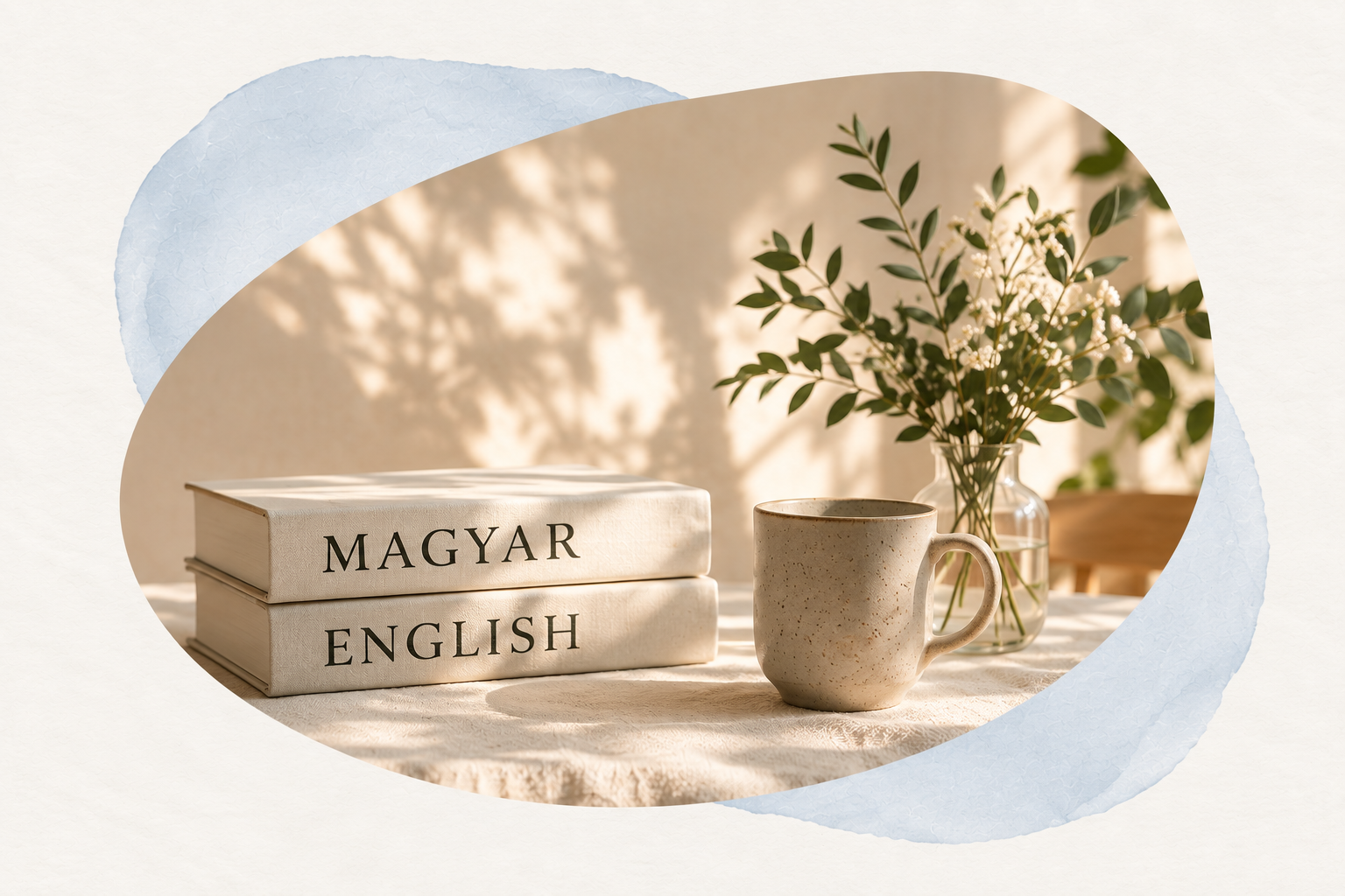 Two books labelled Magyar and English beside a cup and flowers
