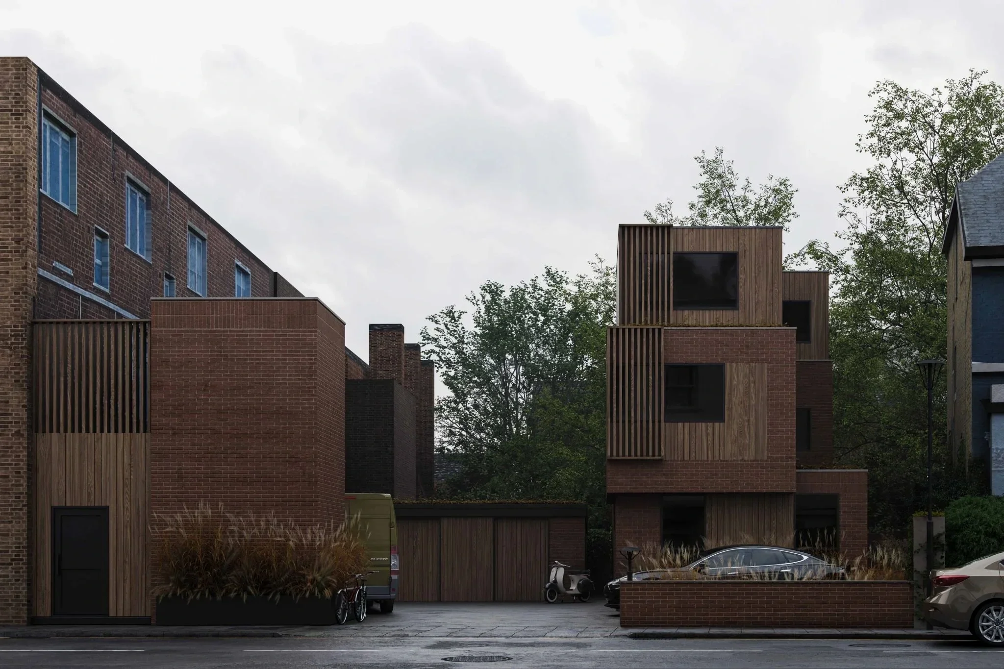 Modern residential buildings with brick and wooden facades, trees in the background, parked bicycles, scooters, and cars in front on a cloudy day.