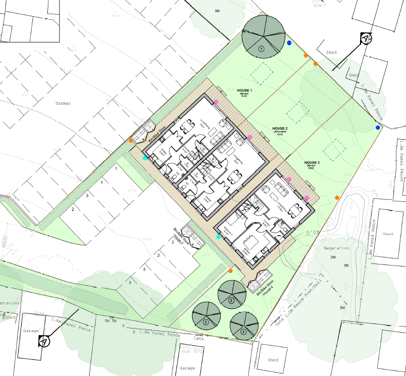 Site plan for three houses showing building layouts, trees, fences, and outdoor features.