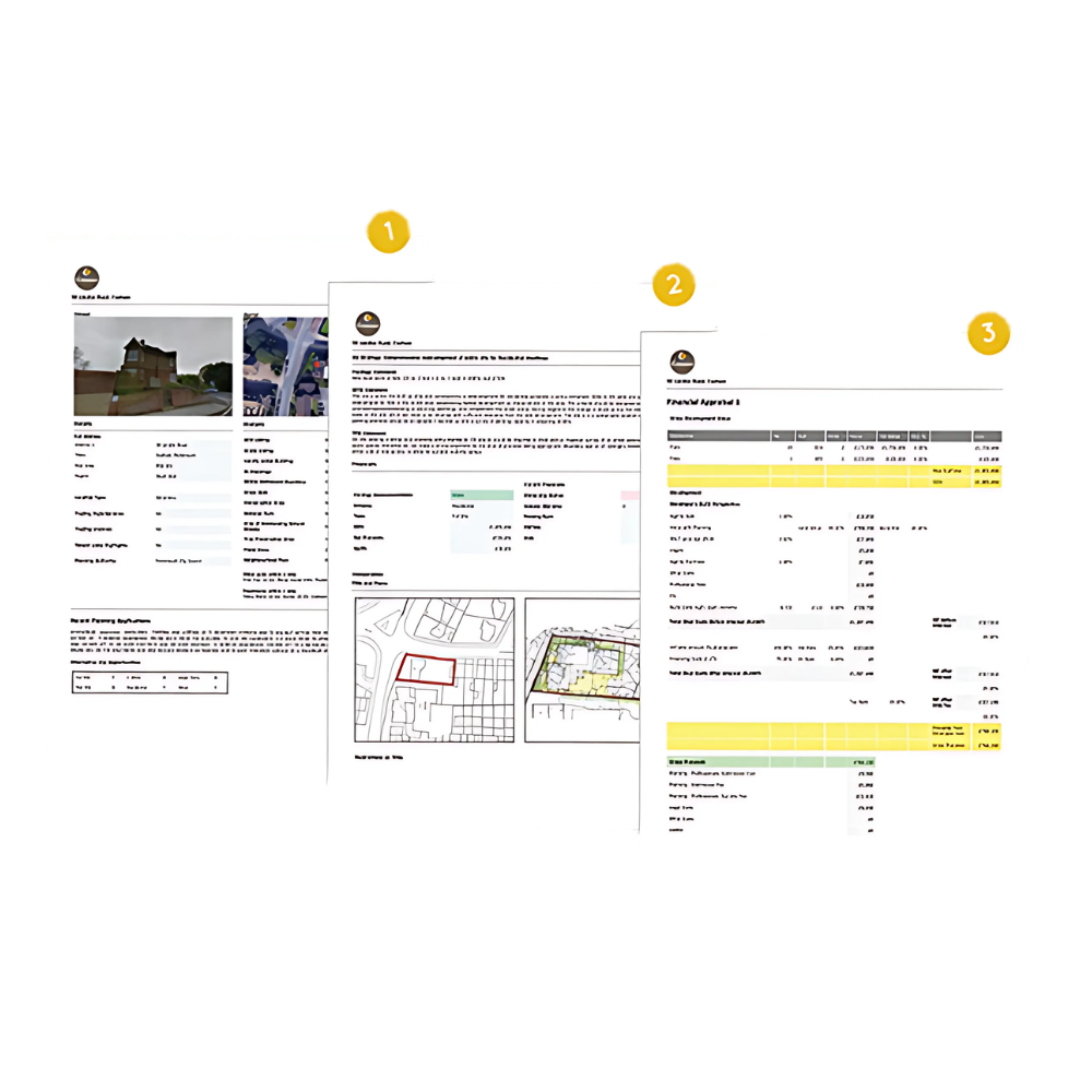 Three real estate property documents with images, textual descriptions, maps, and highlighted tables.