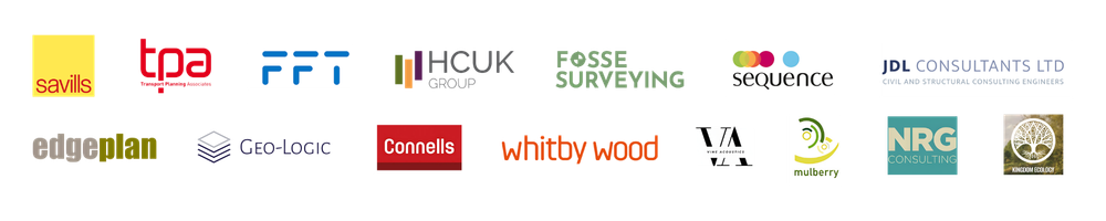 A collection of various company logos on a yellow background, including Savills, JLL, FFT, Houlker, Sequence, IDL Consultants Ltd, Connells, Whitby Wood, VA, Mulberry, NRG Consulting, and others.