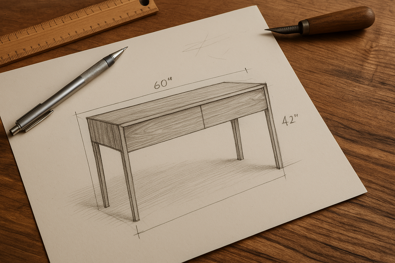 Drawing of a wooden desk with measurements, placed on a wooden surface with a ruler, mechanical pencil, and carving tool nearby.