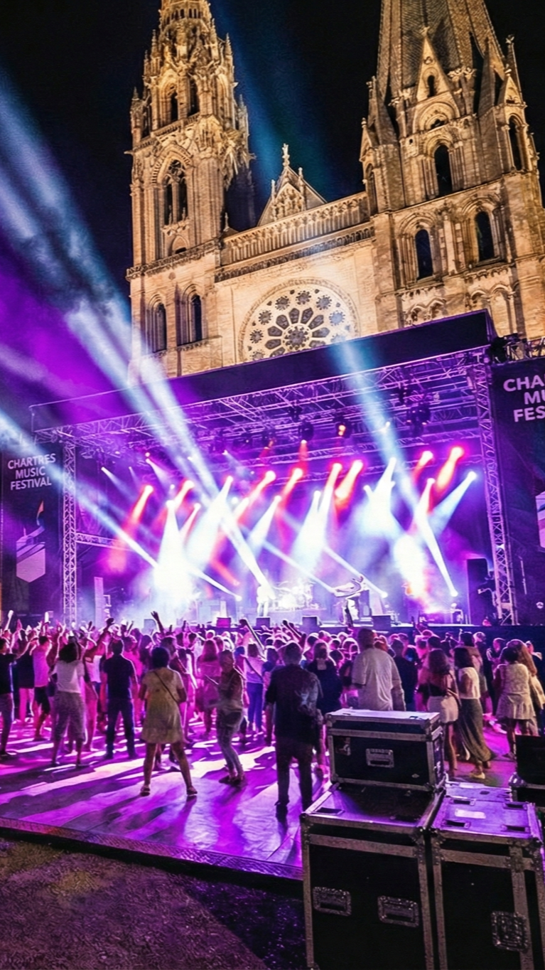 Un festival de musique en plein air devant une grande cathédrale gothique illuminée la nuit, avec une scène lumineuse et de nombreux spectateurs dansant.