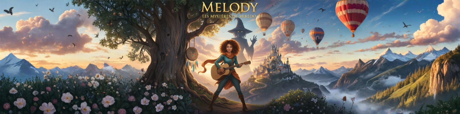 Une illustration colorée d'une femme jouant de la guitare sous un grand arbre, avec un château en arrière-plan, des montagnes, des oiseaux, des montgolfières, et un ciel orageux en horizon