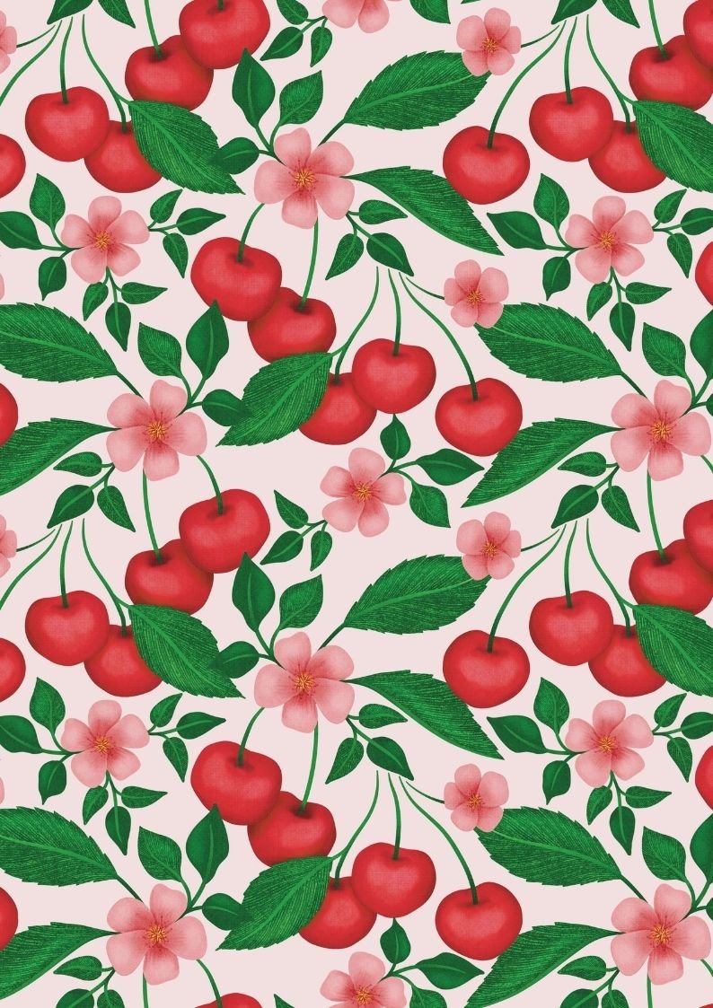 Pattern with red cherries, pink flowers, and green leaves on a white background.