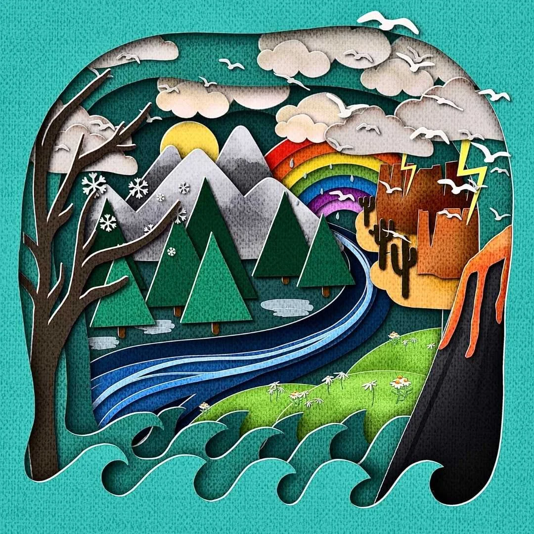 Colorful paper cut-out landscape depicting mountains with snow, a rainbow, a river, trees, a forest fire, and storm clouds.