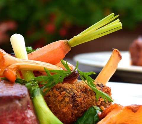 Close-up of a gourmet dish featuring roasted vegetables including carrots, green onions, and mushrooms, accompanied by a piece of cooked meat on a plate.