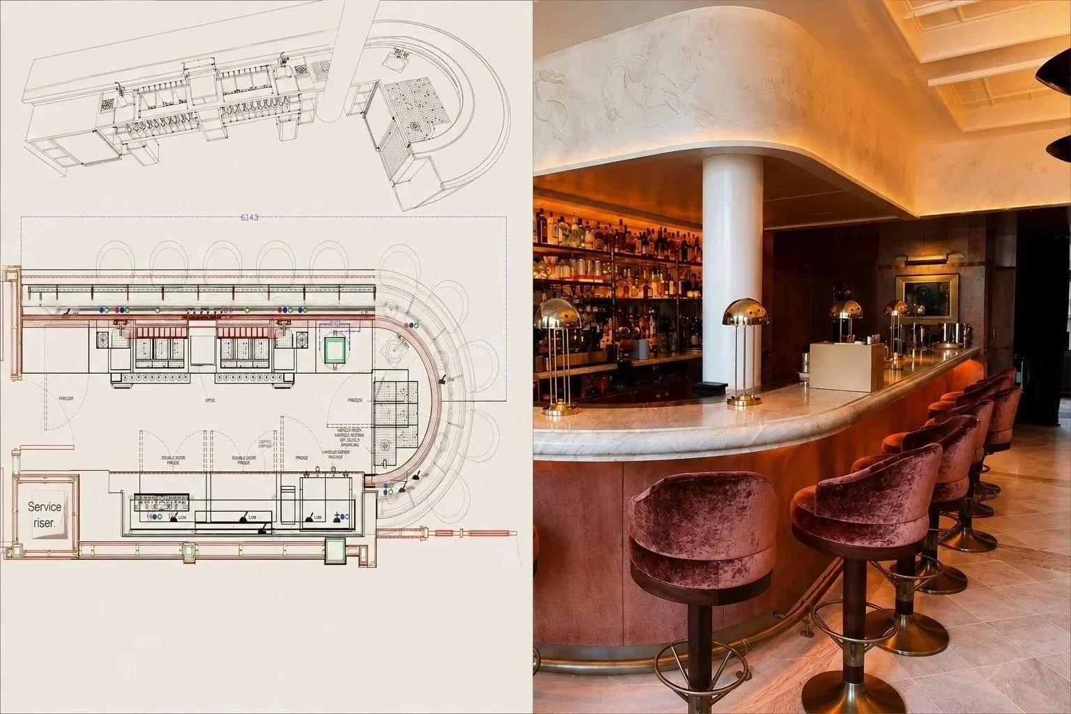 Technical bar design drawing alongside completed bespoke hospitality bar interior by Interbar