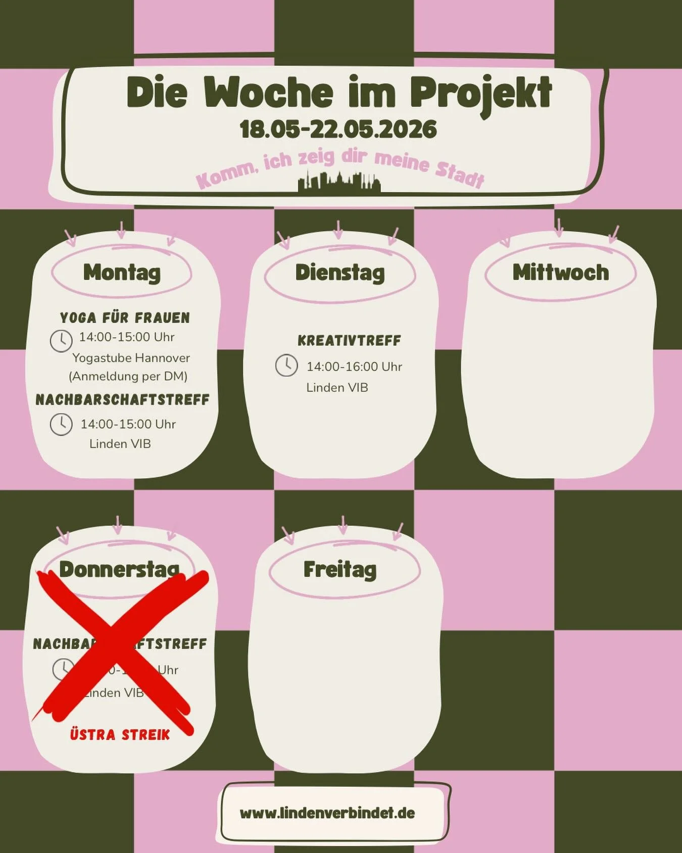 Diese Woche bei uns im Projekt. Komm vorbei und sei dabei ✌🏾👀

#lindenverbindet
#kommichzeigdir
#bgzvorort
#hannoverlinden
#sprachcaf&eacute;hannover