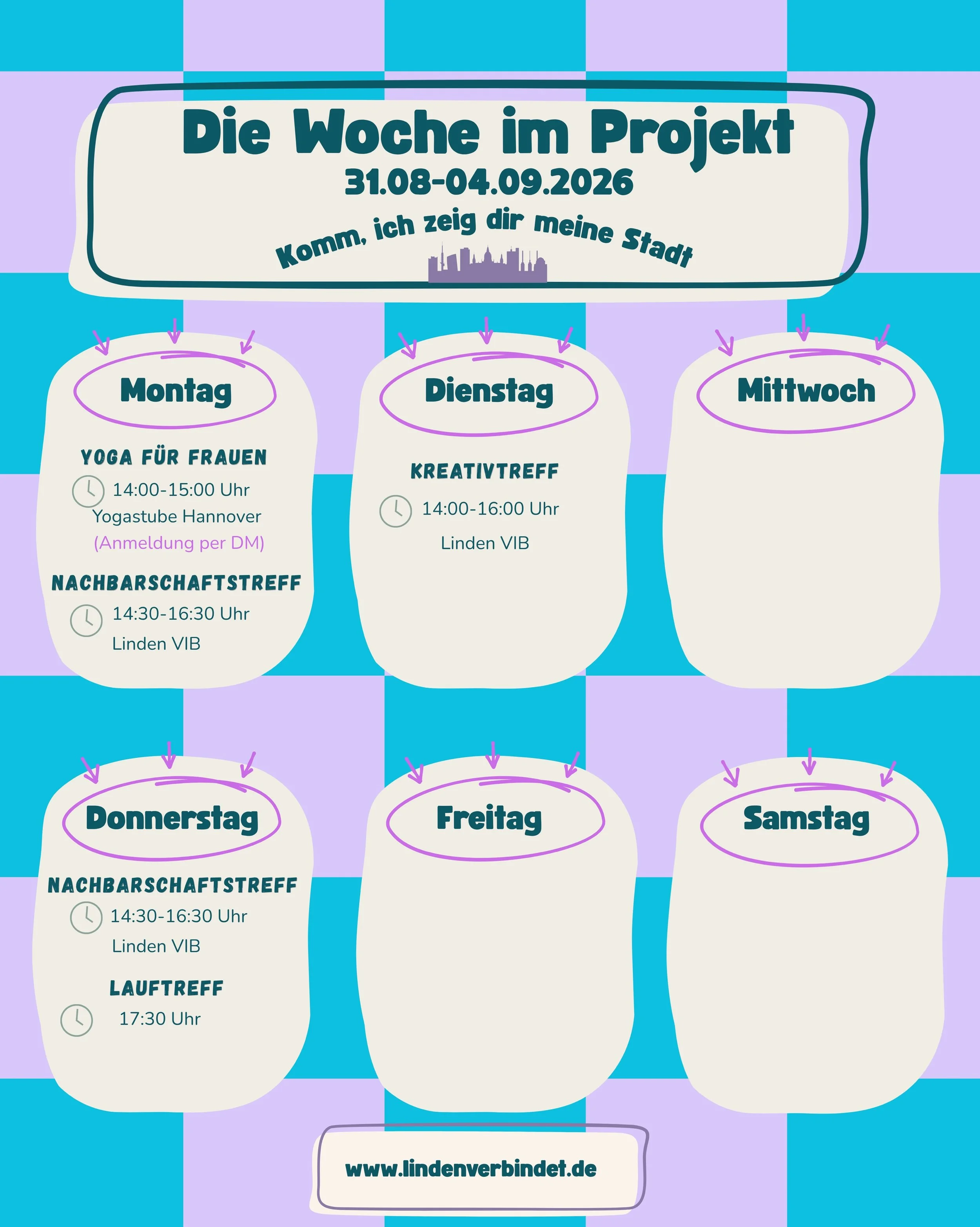 Unser Plan f&uuml;r die n&auml;chste Woche - Kommt vorbei, wir freuen uns auf euch ☀️
#lindenverbindet #bgzvorort #sprachcaf&eacute; #hannoverlinden