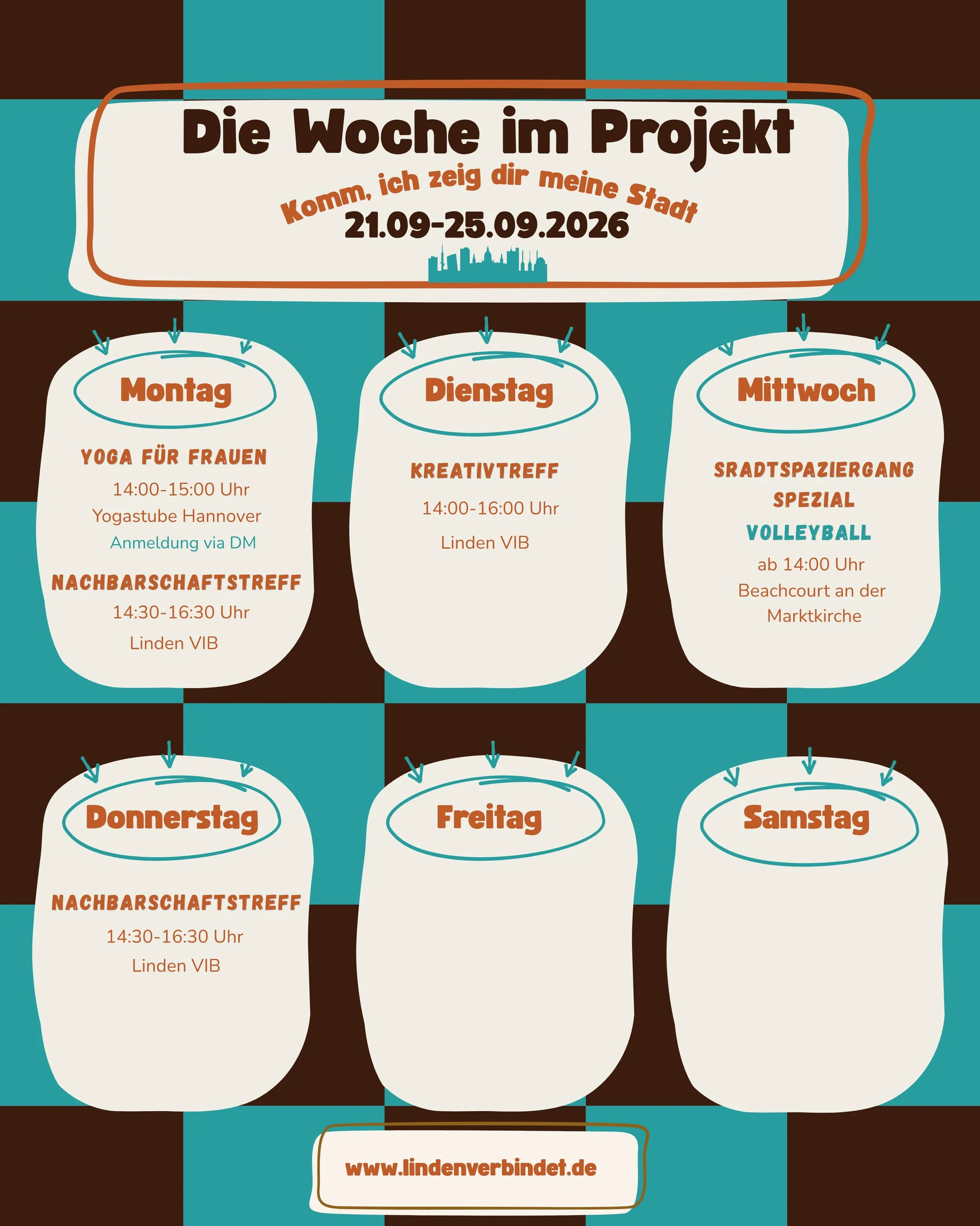 Unser Plan f&uuml;r die neue Woche! Speichert alles ab und kommt vorbei: Wir freuen uns auf euch 🫶

#lindenverbindet #bgzvorort #sprachcafe #volleyball #kommichzeigdir