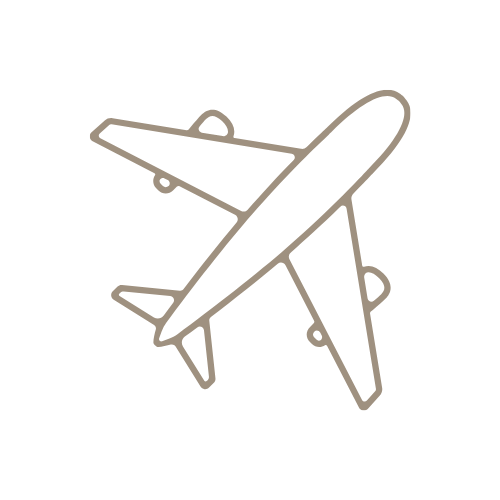 Outline drawing of a commercial airplane in flight view from below, angled upwards.