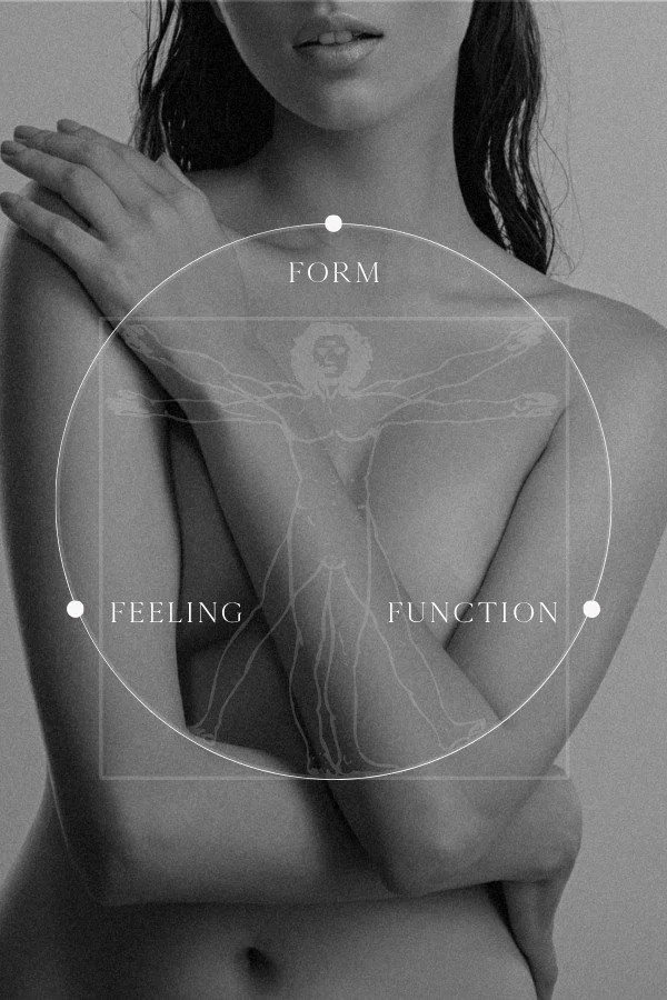 Black and white photo of a woman with a line drawing of Leonardo da Vinci's Vitruvian Man over her torso, with words "Form," "Feeling," and "Function" placed around it.