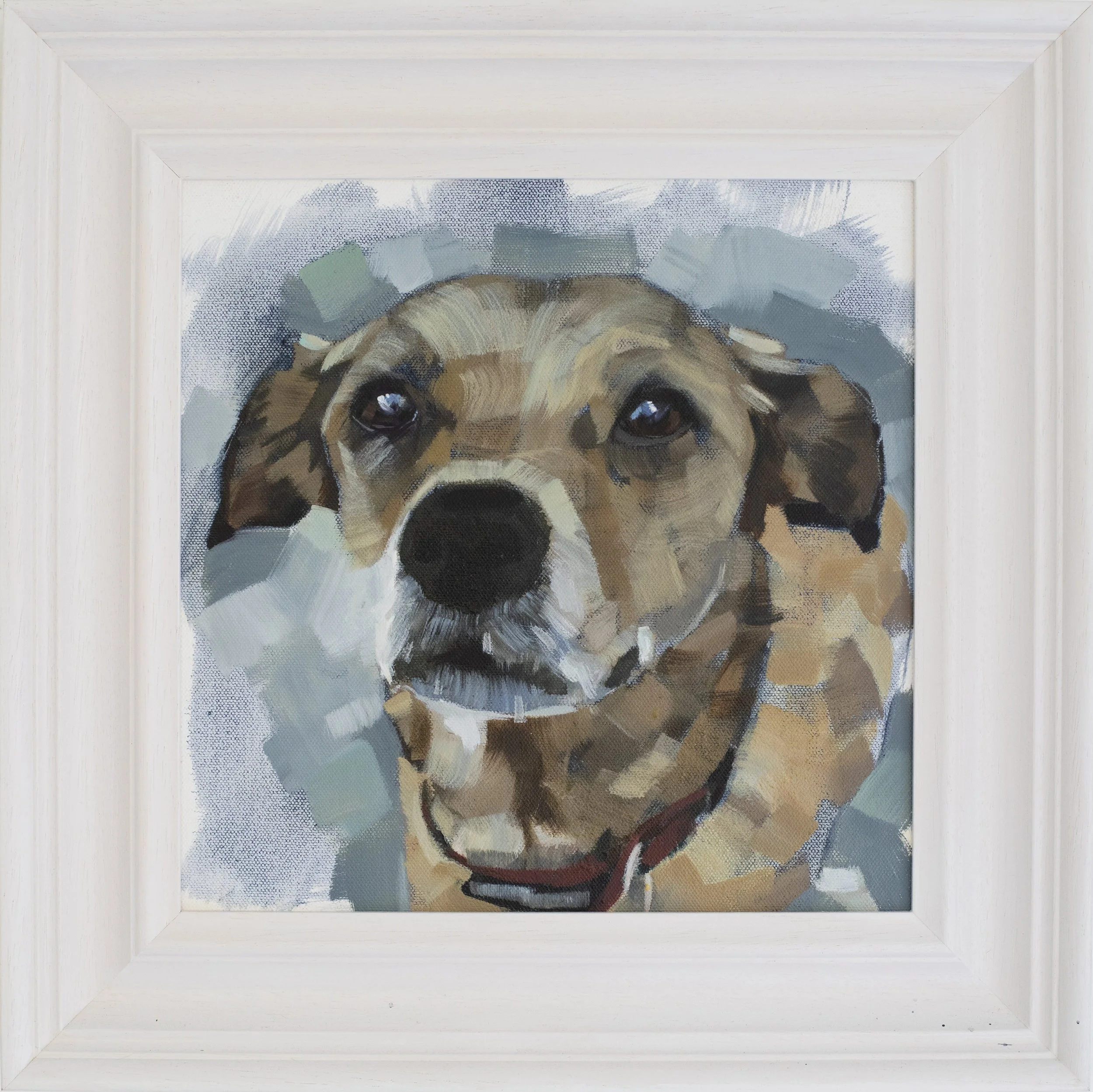 Framed painting of a dog's face, with detailed fur and expressive eyes, in a realistic style signed 'KHV' in the bottom right corner..