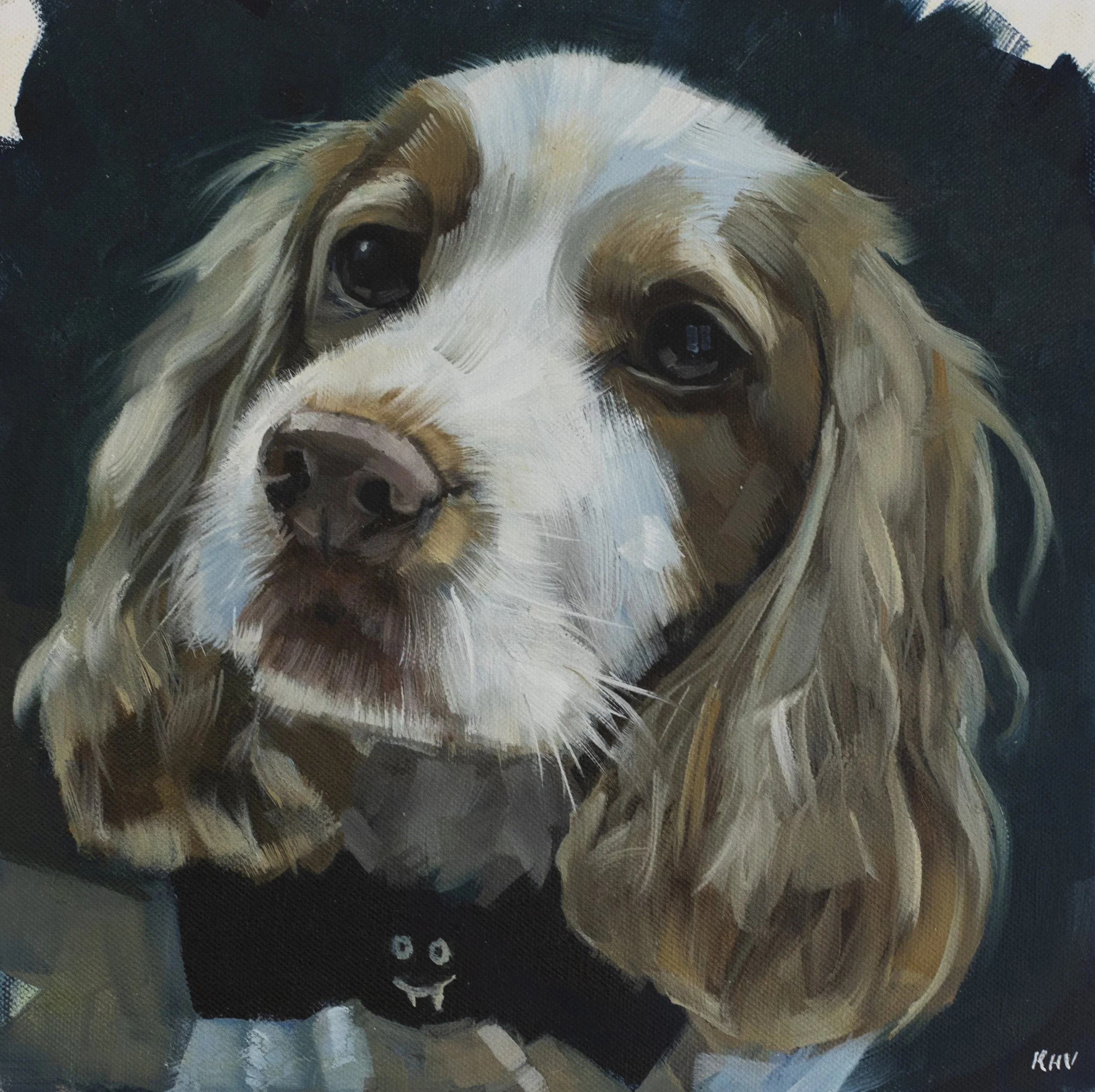 Close-up of a painted spaniel dog portrait, featuring detailed brushstrokes capturing the fur and eyes, signed 'KHV' in the bottom right corner.