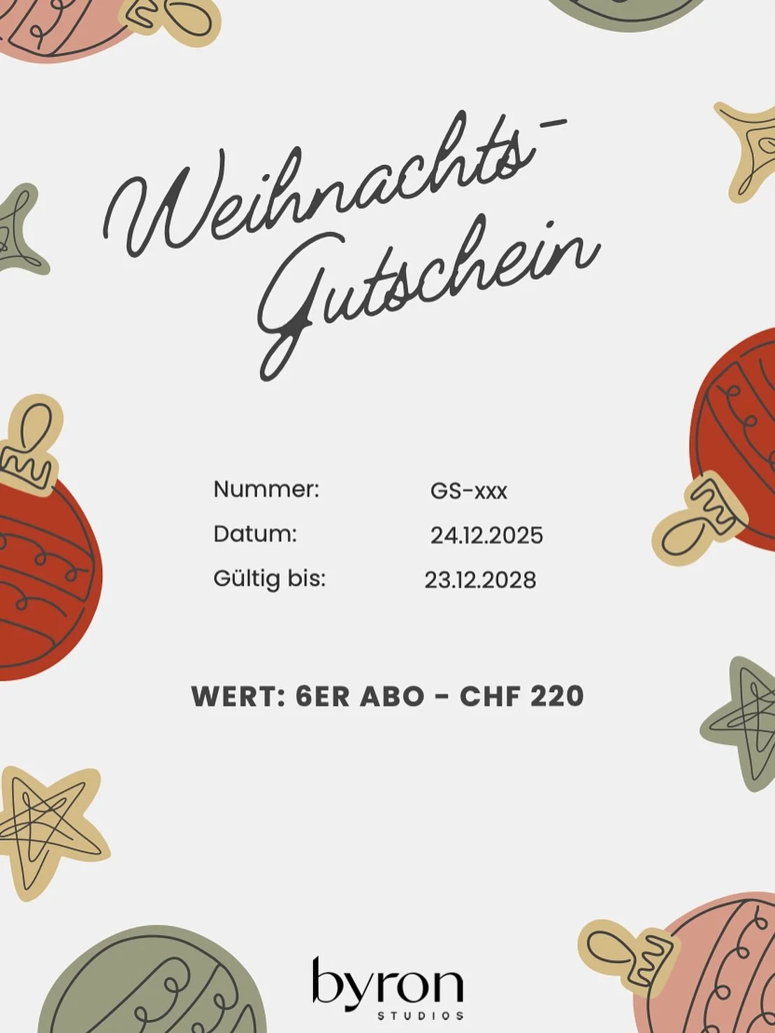 🎁✨ Weihnachtsspecial 🎁✨

Verschenke dieses Jahr deinen Liebsten etwas ganz Besonderes: Wohlbefinden, Zeit f&uuml;r sich selbst und pure Bewegungsfreude!

Ab sofort gibt es bei Byron Studios einen Gutschein f&uuml;r ein 6er Abo f&uuml;r einen Sonder