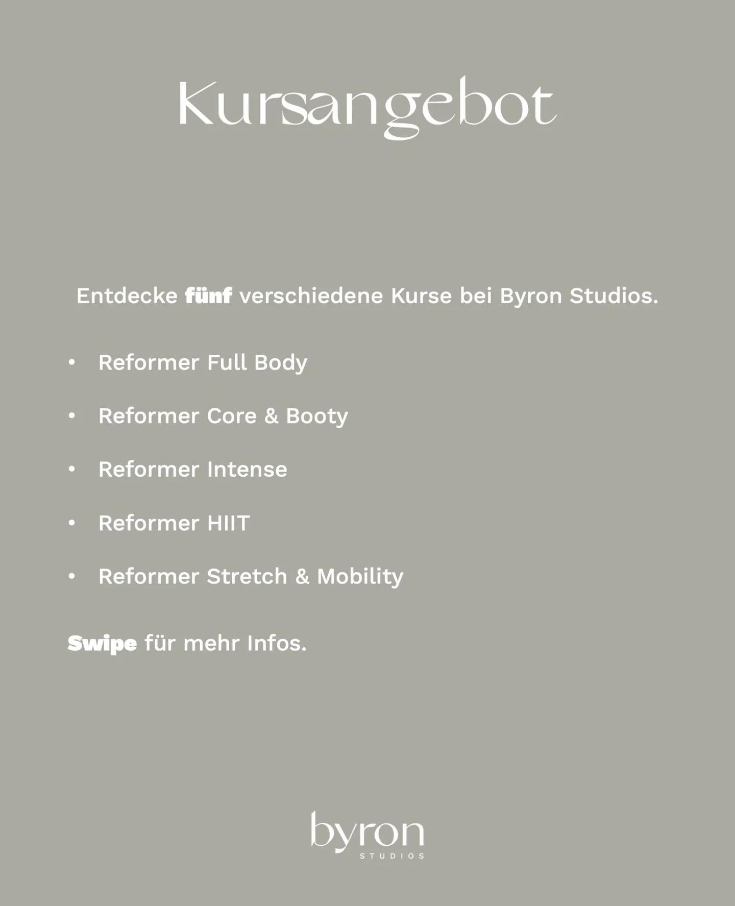 Entdecke das Kursangebot von Byron Studios 💙

Neu k&ouml;nnen sich auch Anf&auml;nger zu den Kursen Reformer Full Body und Core &amp; Booty anmelden. Der Kurs Reformer Stretch &amp; Mobility kann nun auch mit einem normalen Einzelticket oder Abo geb