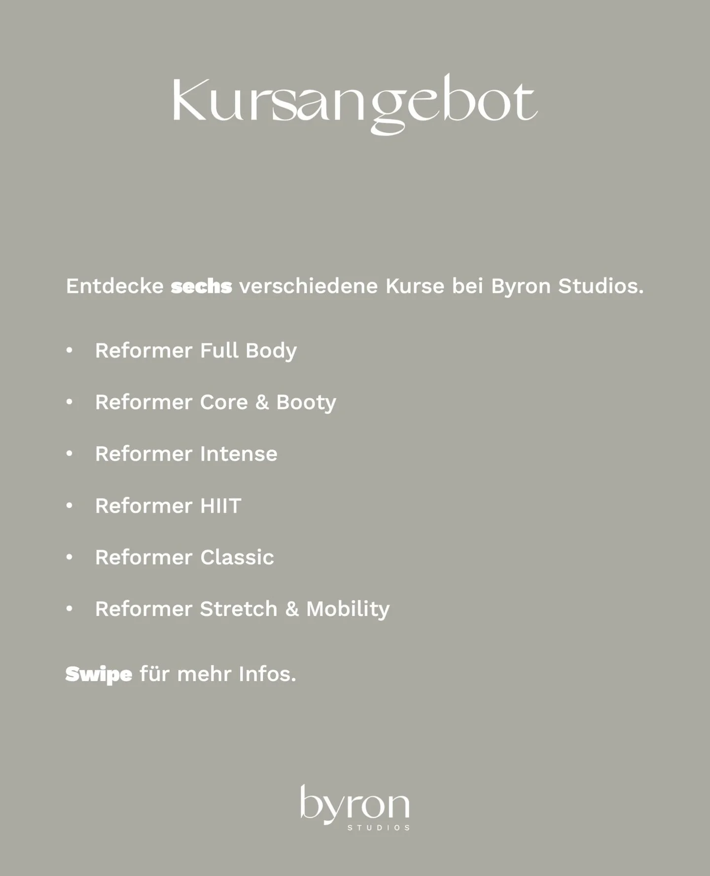 Entdecke das Kursangebot von Byron Studios 💙

Alle Anf&auml;nger sind in den Kursen Full Body, Core &amp; Booty, Classic und Stretch &amp; Mobility herzlich willkommen.