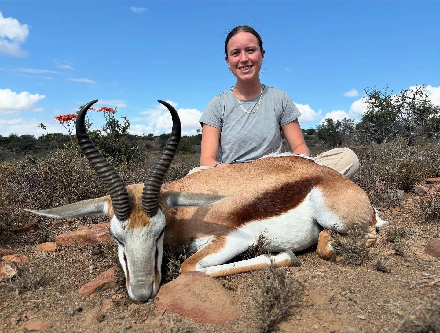 From the shooting range straight into the field!🔥 Cait picked up a rifle for the very first time and proved to be a natural sharpshooter! 💥 Her first-ever animal, a beautiful springbuck ram!🇿🇦 Well done, Cait!👏🏻

-

#CaitTheSharpshooter #FirstH