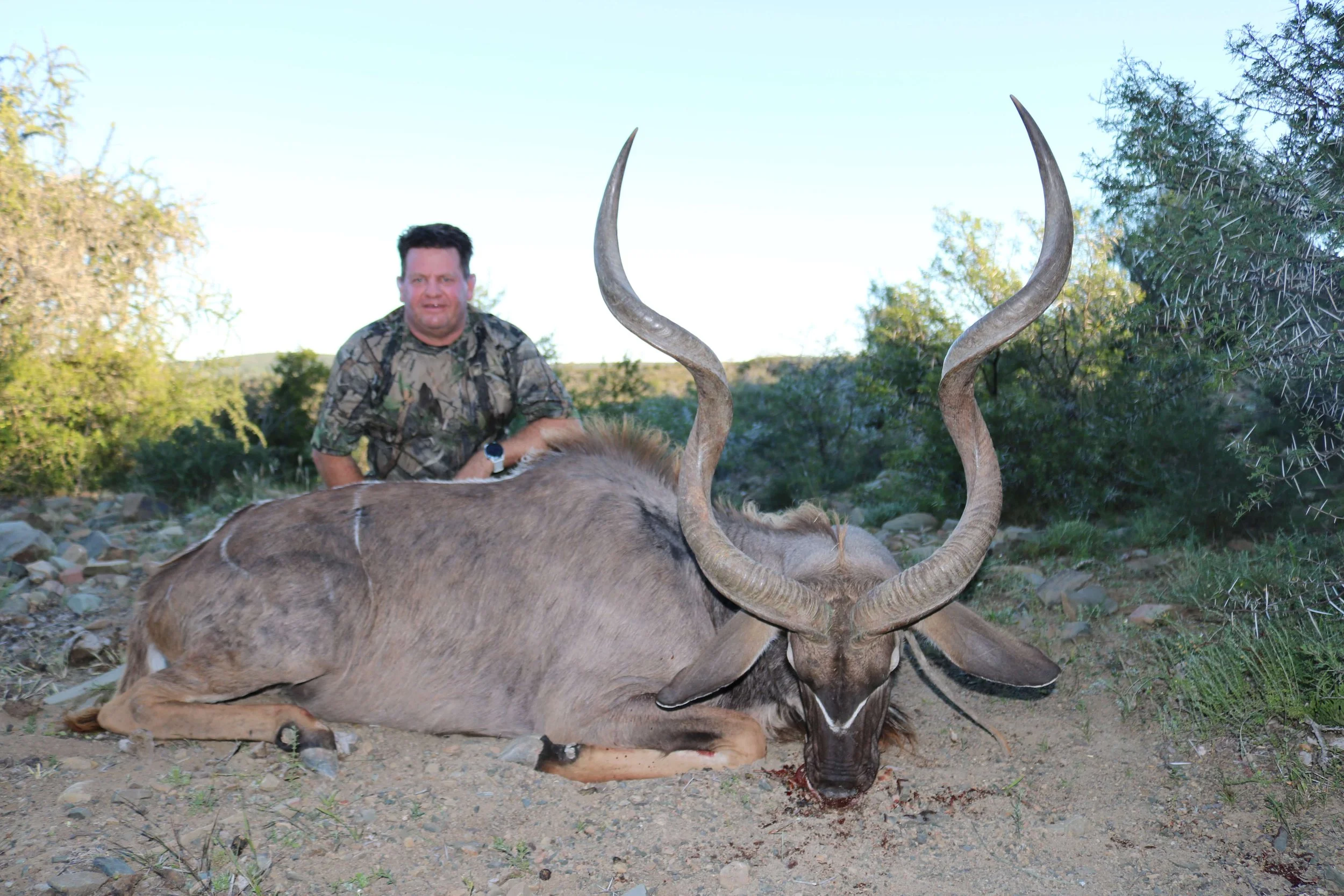 A man in camouflage clothing kneels next to a now-deceased large antelope with curved horns, lying on the ground in a desert landscape with bushes and cacti.