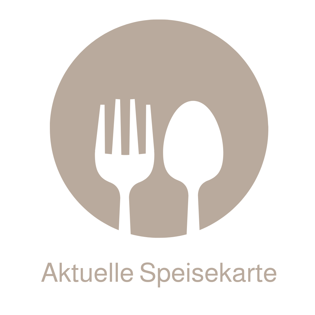 Grafik mit Messer und Löffel vor grauem Kreis, darunter Text »Aktuelle Speisekarte«.