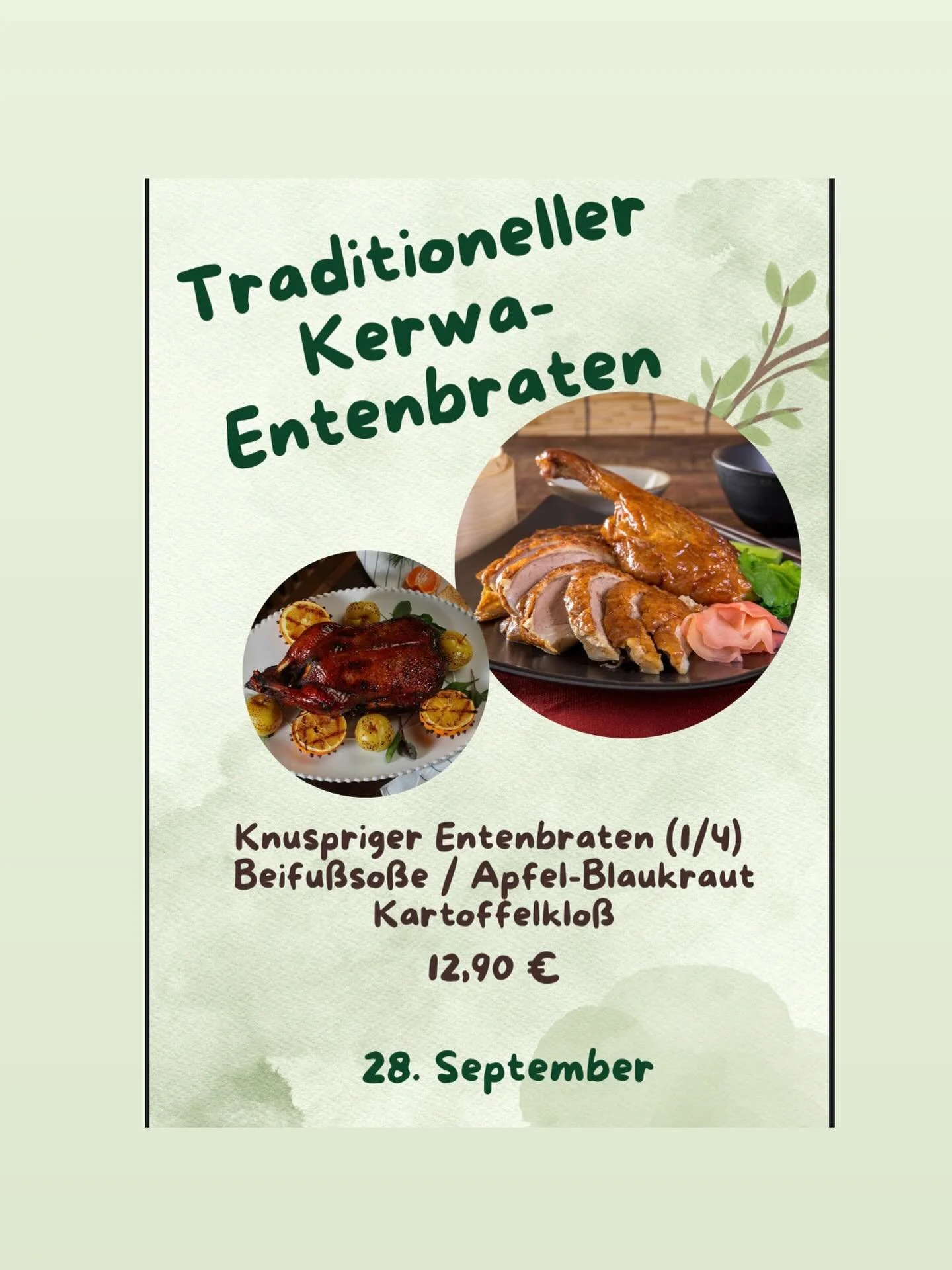 Kerwa-Zeit ist Enten-Zeit!&ldquo;🍴🦆
Komm vorbei zum Schwarzer Adler in Uttenreuth und genie&szlig;e unsere traditionellen Kerwe-Enten!😋
Wir freuen uns auf dich!&hearts;️
#kerwa #Entenbraten #SchwarzerAdler
#Uttenreuth#erlangen