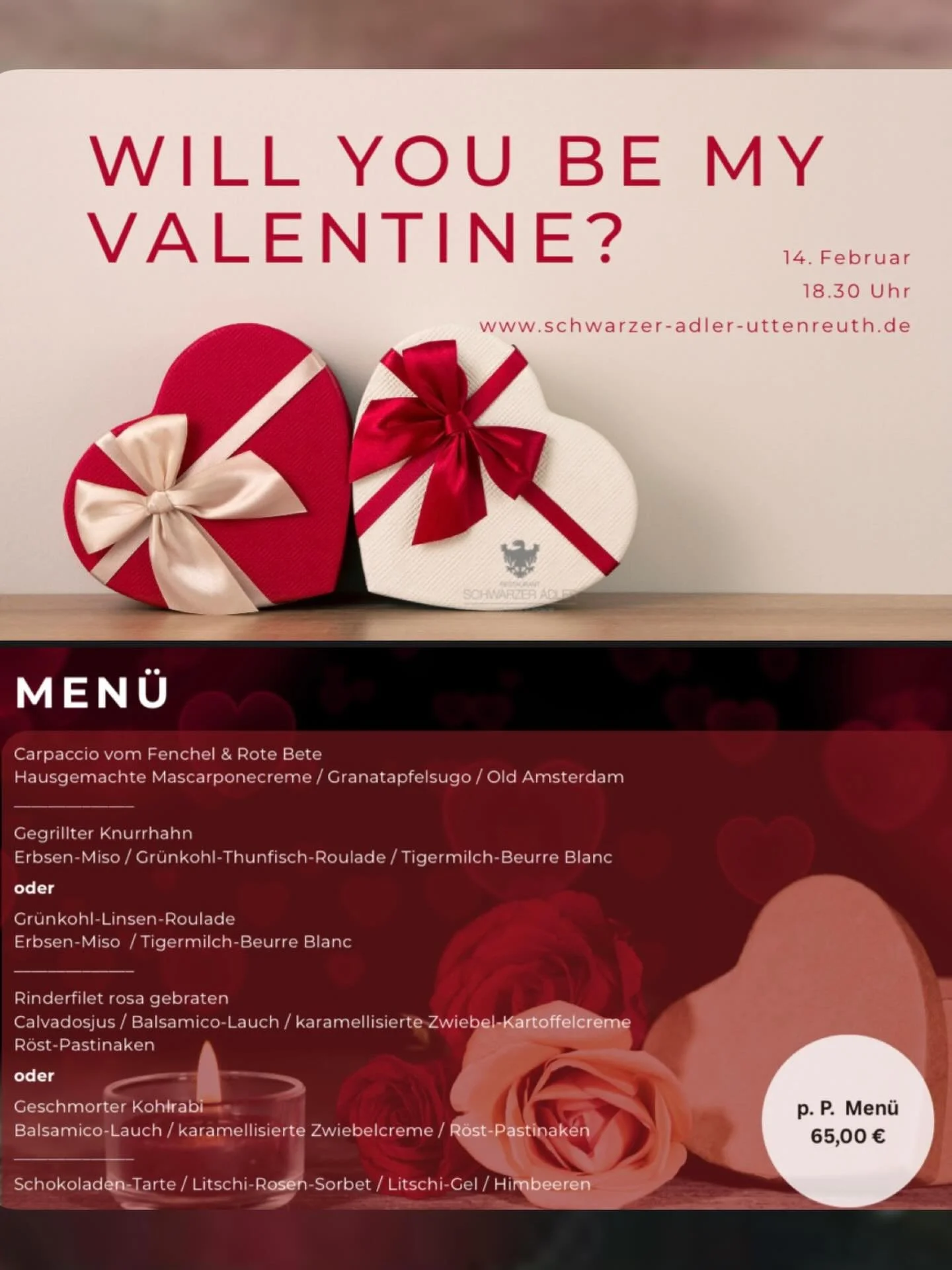 Liebe, Essen, Wein -ein perfekter Valentinstag&hearts;️

Der Schwarzer Adler bietet ein unvergessliches Fine-Dining-Valentinstag Erlebnis🌹

Lassen Sie sich entf&uuml;hren in eine Welt der Leidenschaft und des Genusses, wo jeder Moment ein Verspreche